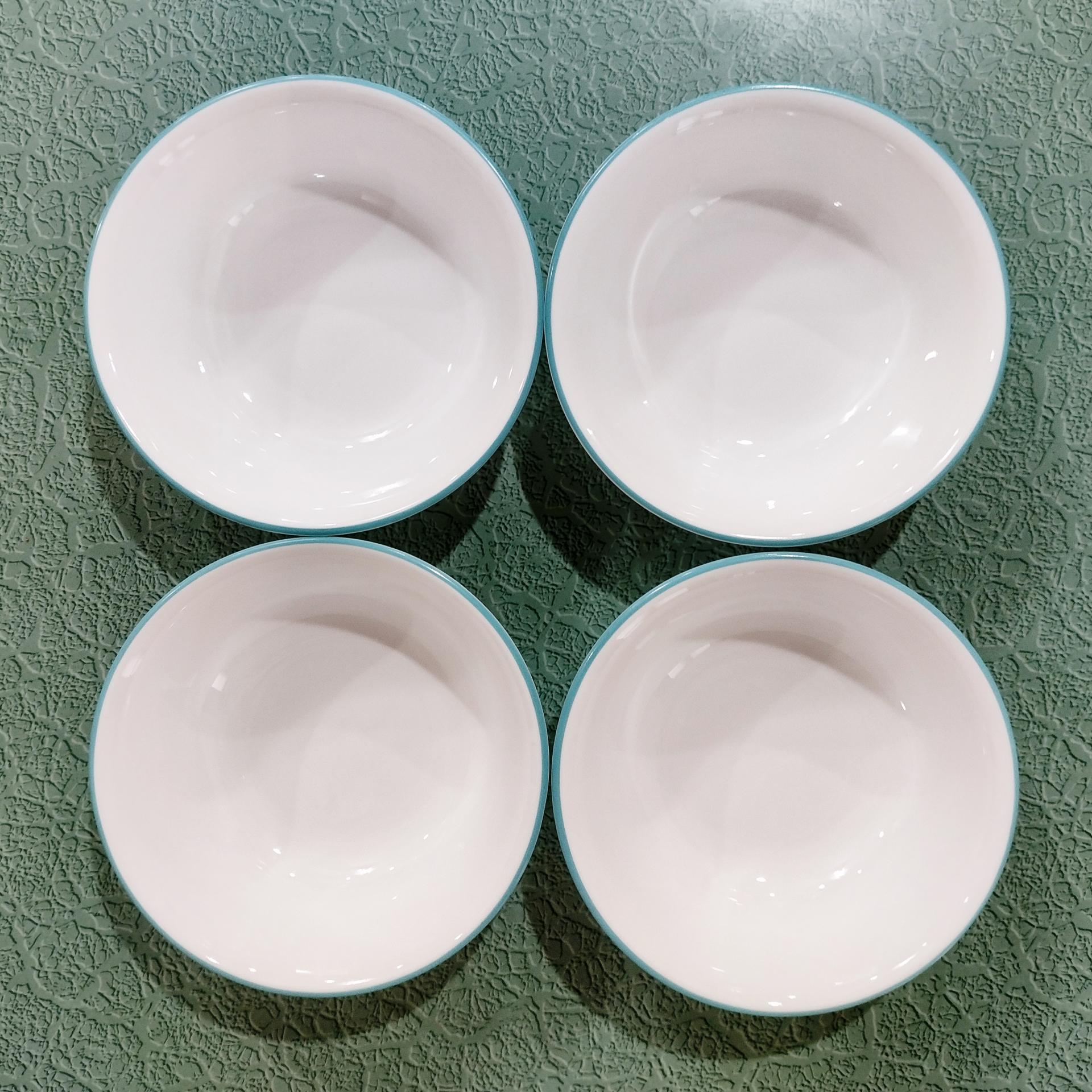 Corelle South Beach Cereal Salad Bowls, Set of Four, White Bowls with Turquoise Teal Blue Rims