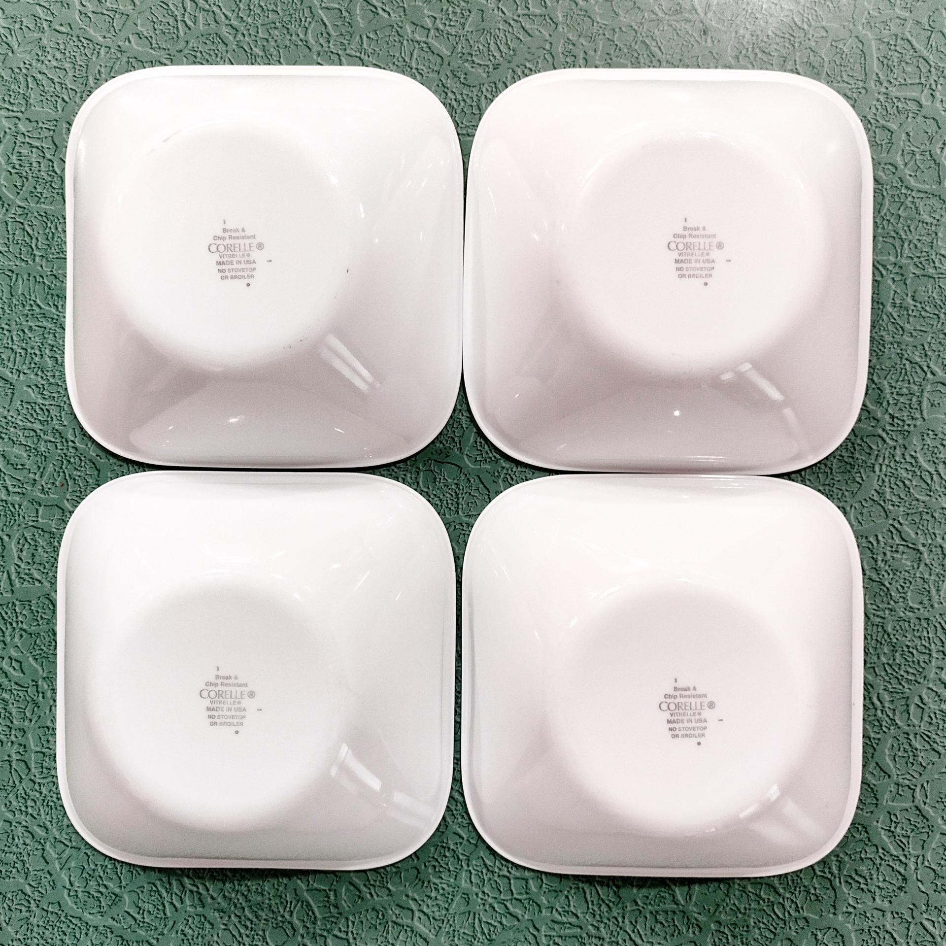 Corelle South Beach Raindrops Square Cereal Salad Bowls, Set of Four, White Bowls with Turquoise Teal Blue Rims