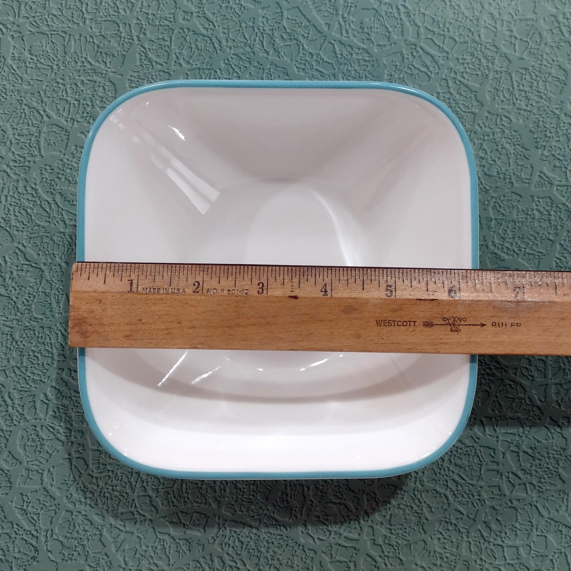 Corelle South Beach Raindrops Square Cereal Salad Bowls, Set of Four, White Bowls with Turquoise Teal Blue Rims