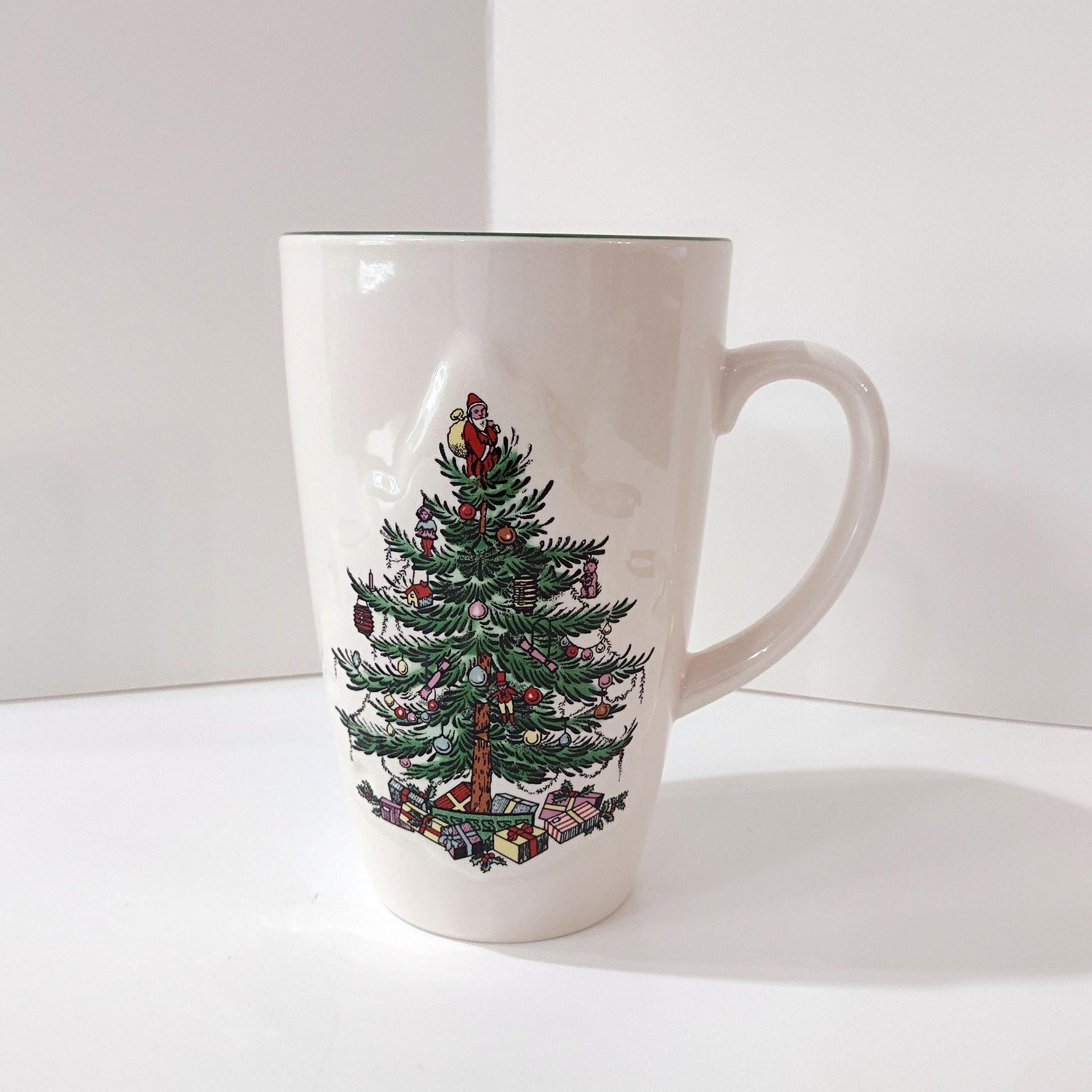 Vintage Spode Christmas Tree Latte Mug with Original Box, Green Interior and Raised Design, 1938 - Current Backstamp