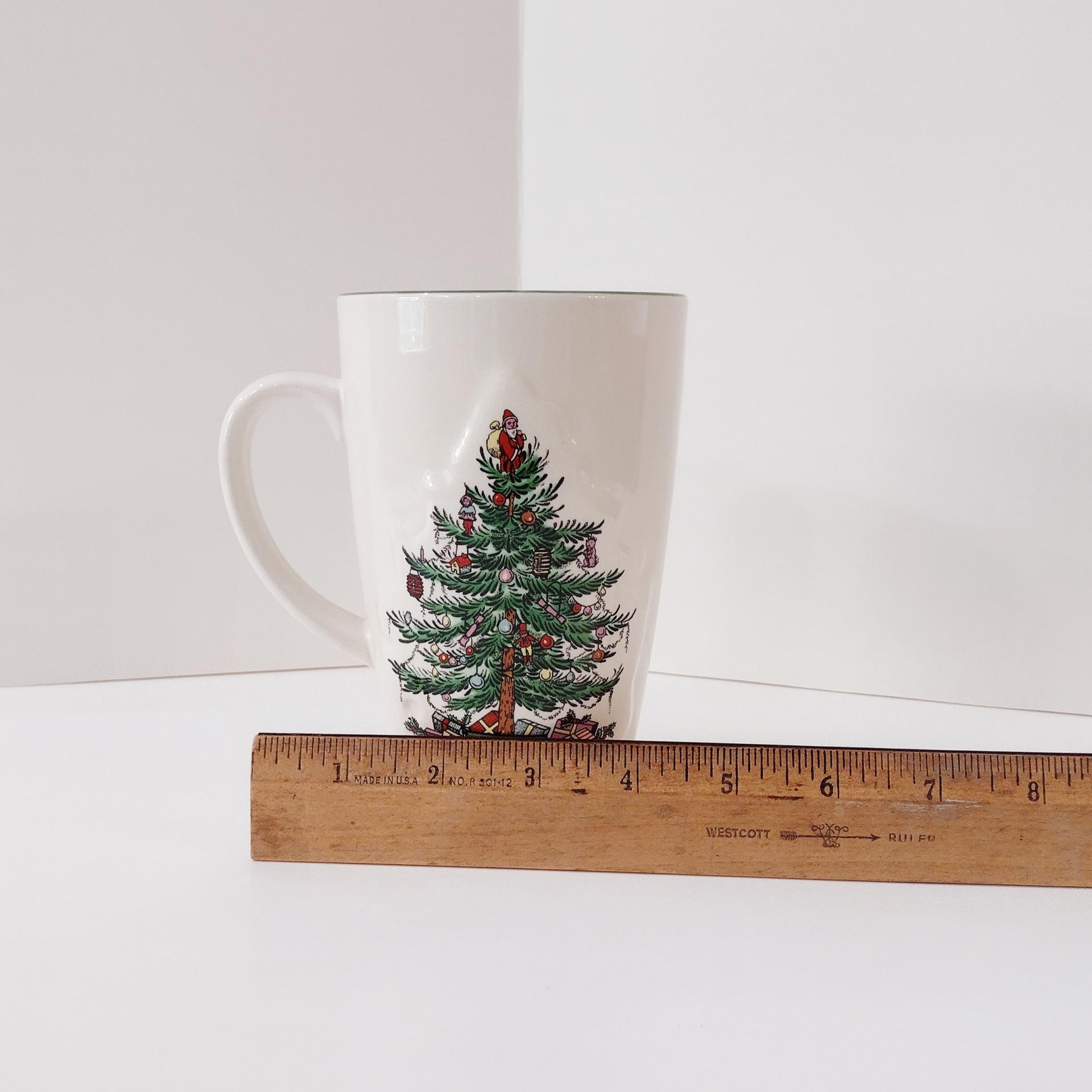 Vintage Spode Christmas Tree Latte Mug with Original Box, Green Interior and Raised Design, 1938 - Current Backstamp