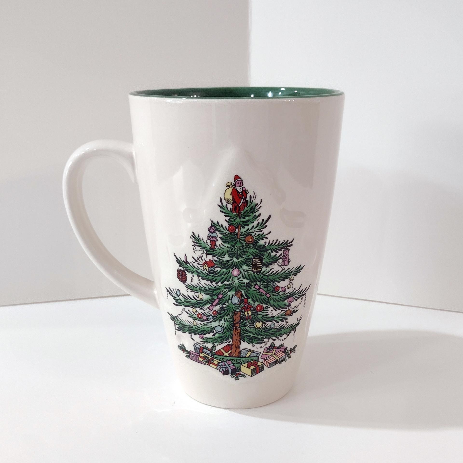 Vintage Spode Christmas Tree Latte Mug with Original Box, Green Interior and Raised Design, 1938 - Current Backstamp