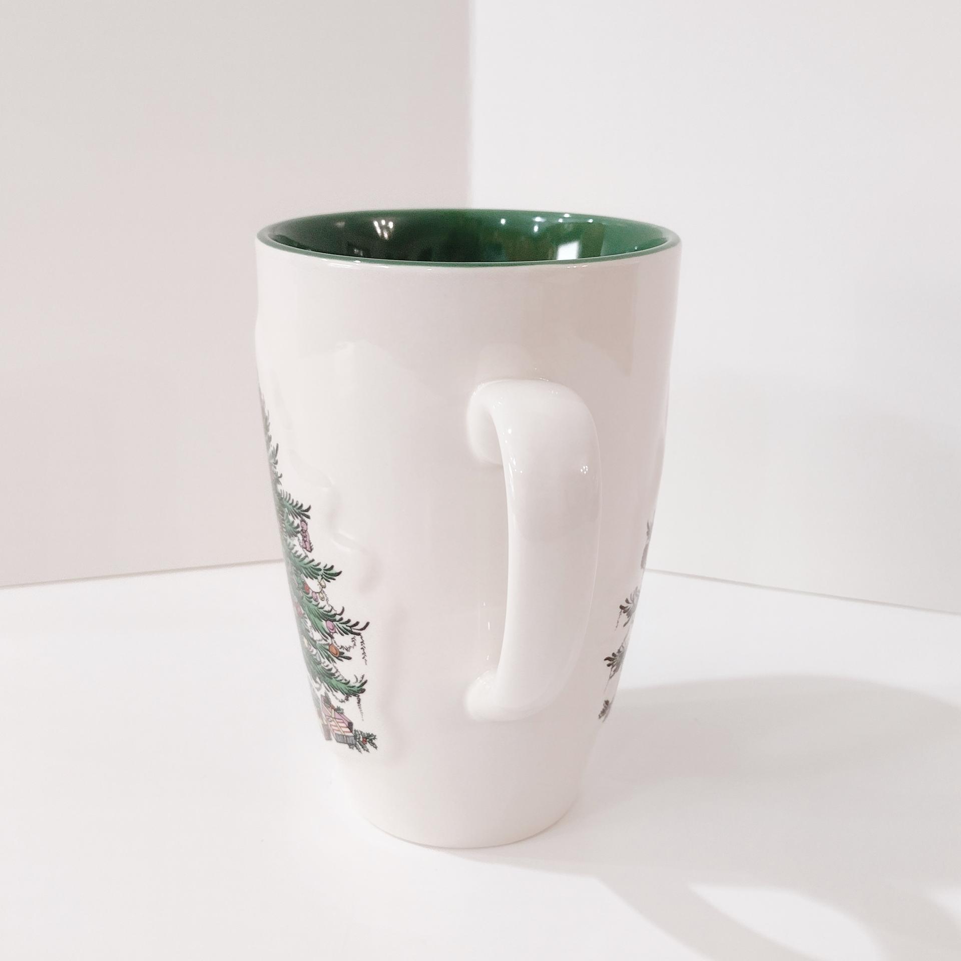 Vintage Spode Christmas Tree Latte Mug with Original Box, Green Interior and Raised Design, 1938 - Current Backstamp
