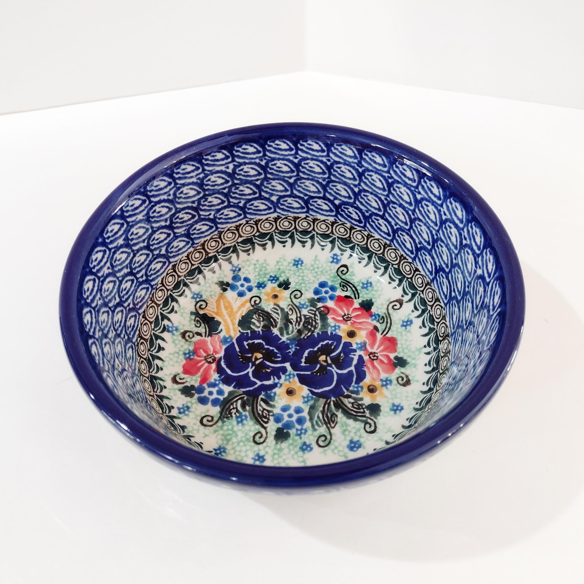 Vintage Polish Pottery Floral Hand Painted Bowl, Ceramic Soup Candy Nut Serving Bowl