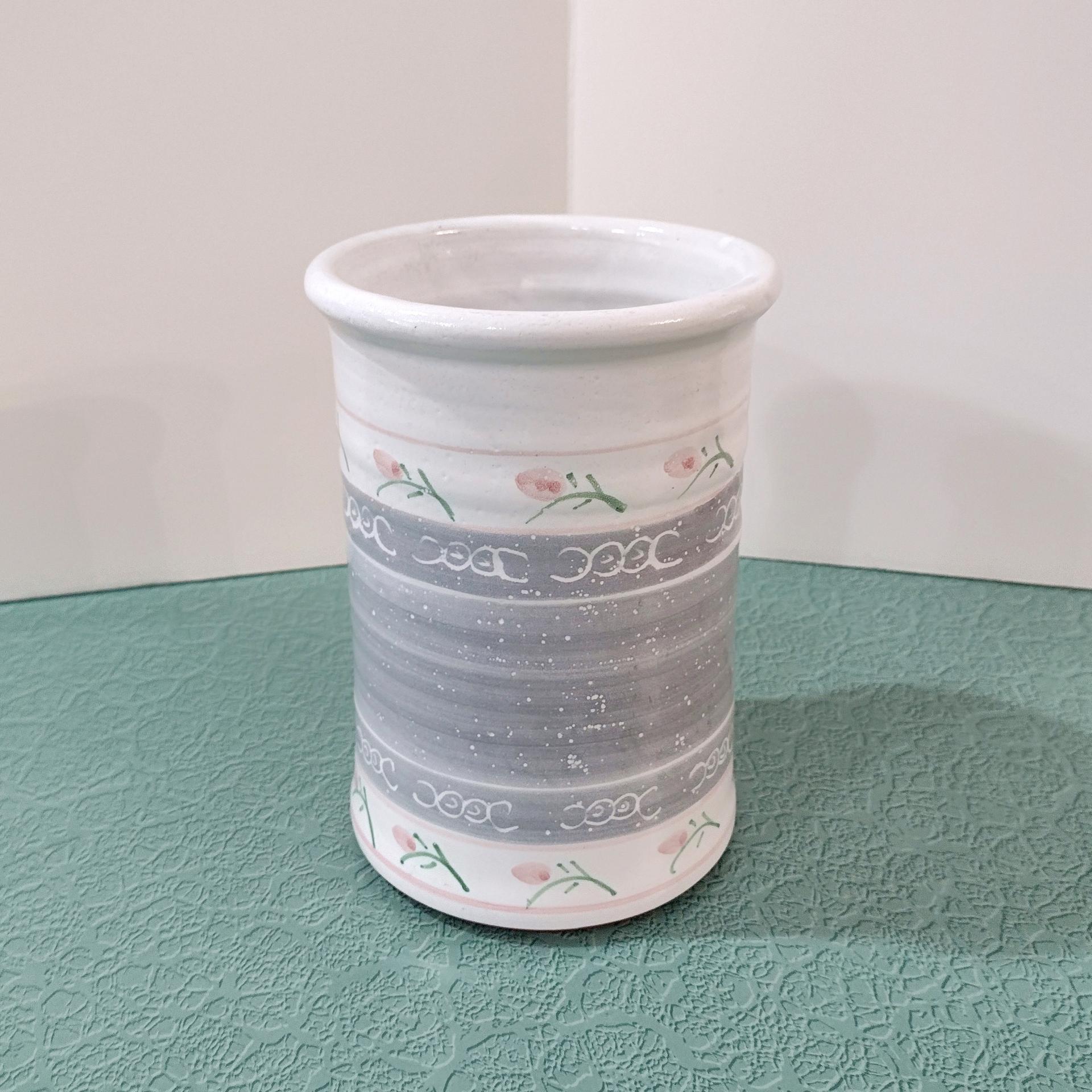 Vintage Ceramic Kitchen Utensil Spoon Holder, Gray and White with Pink Flowers, Country Cottage Collection