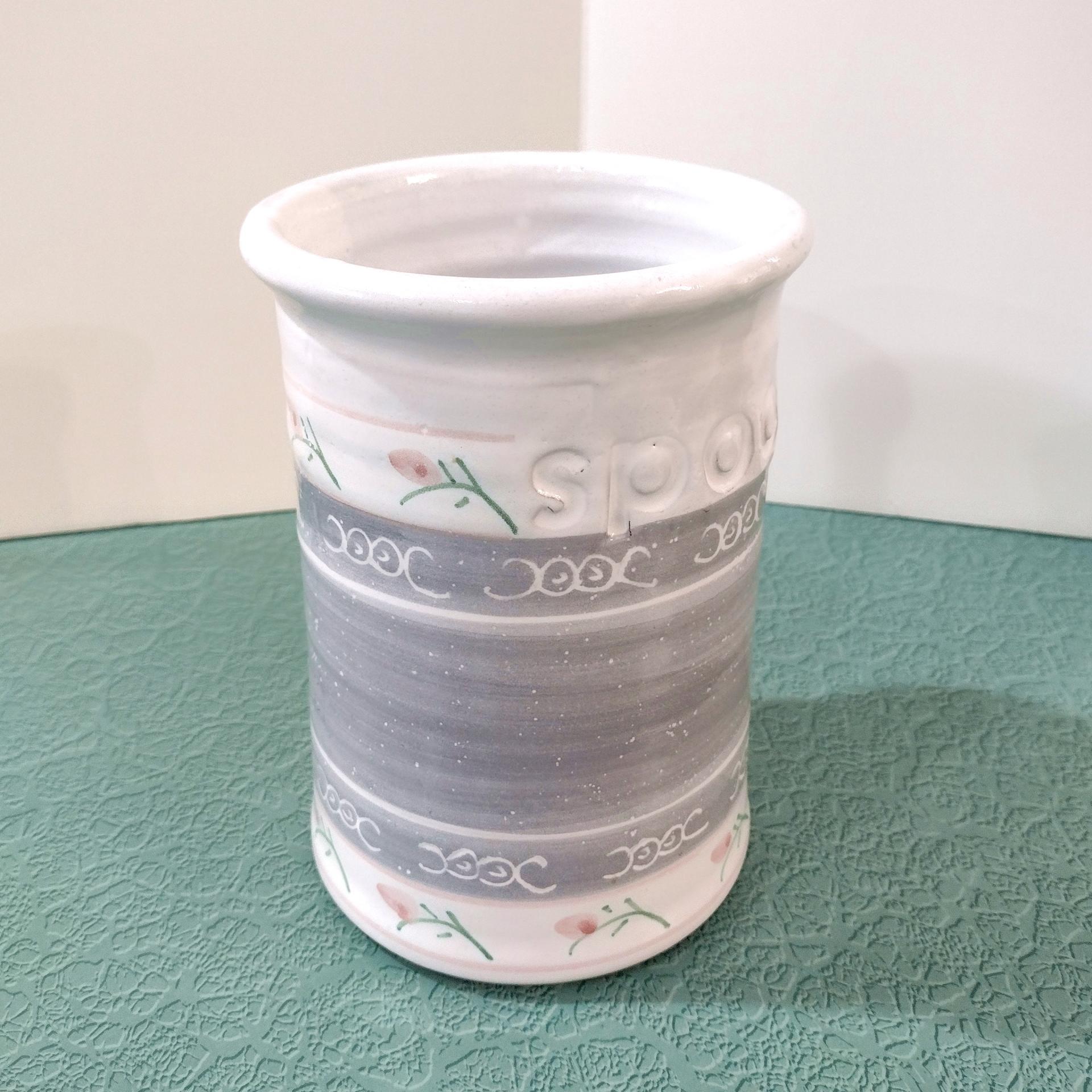 Vintage Ceramic Kitchen Utensil Spoon Holder, Gray and White with Pink Flowers, Country Cottage Collection