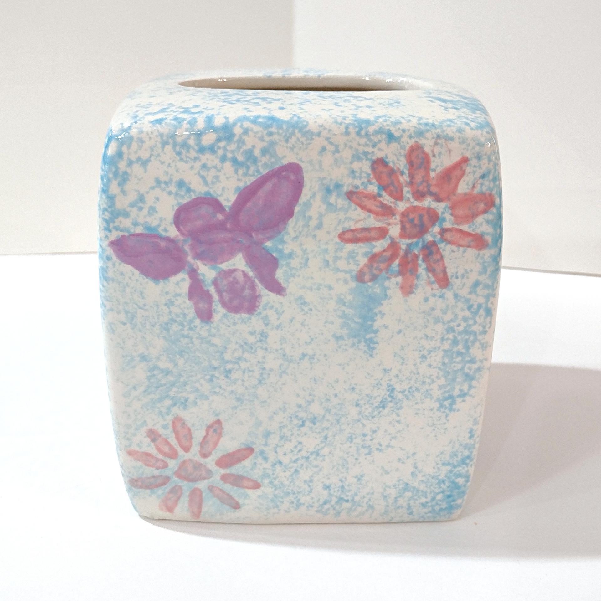 Vintage Blue Sponged Ceramic Square Tissue Box Cover Holder with Pink and Purple Flowers and Bumble Bees