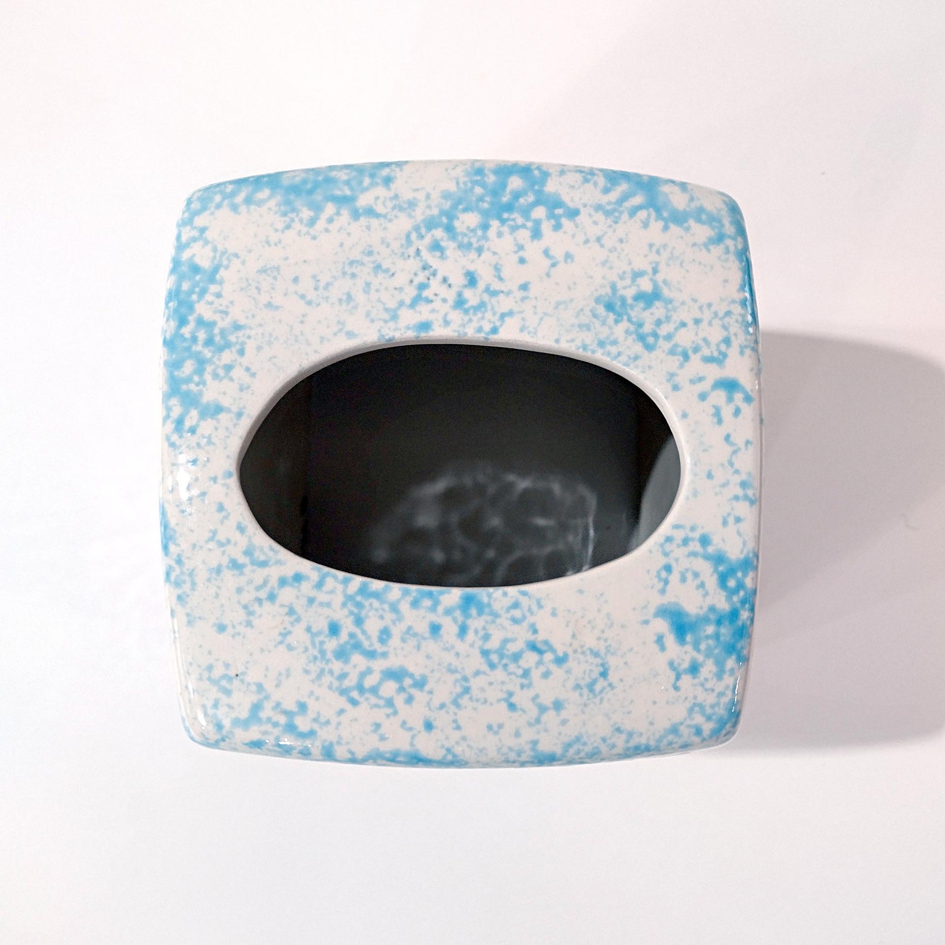 Vintage Blue Sponged Ceramic Square Tissue Box Cover Holder with Pink and Purple Flowers and Bumble Bees
