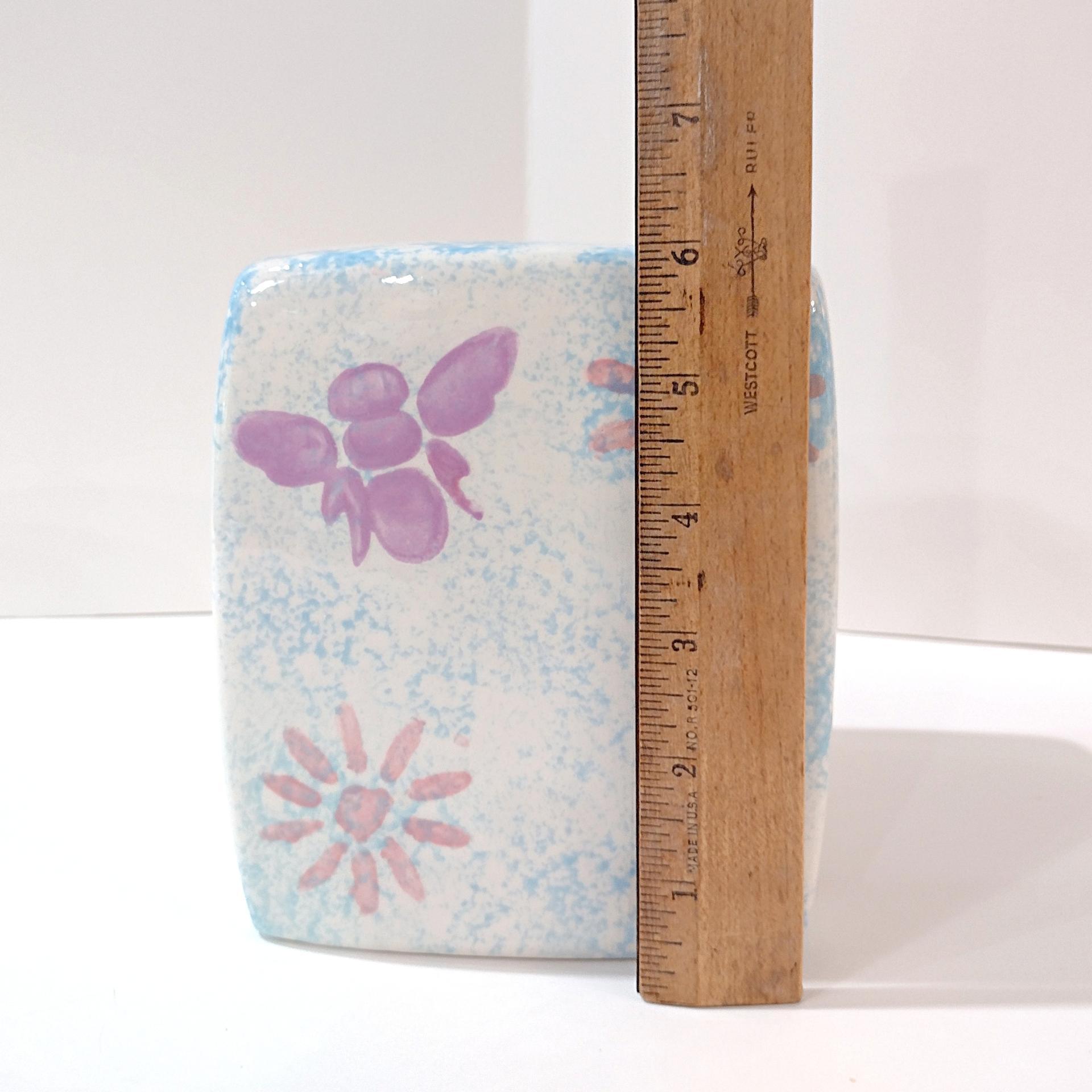 Vintage Blue Sponged Ceramic Square Tissue Box Cover Holder with Pink and Purple Flowers and Bumble Bees