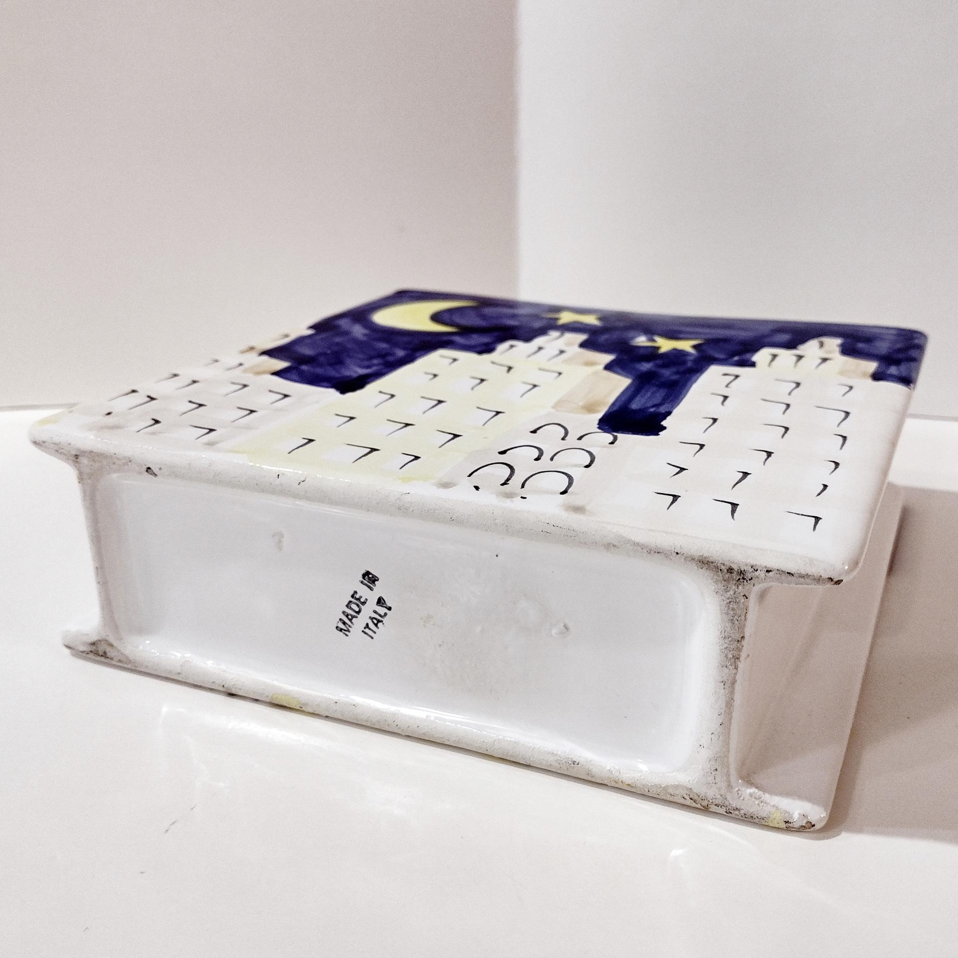 Vintage Ceramic Narrow Rectangular Planter Pot, Sun Moon Stars City Scape Flower Vase, Italian Pottery Windowsill Planter