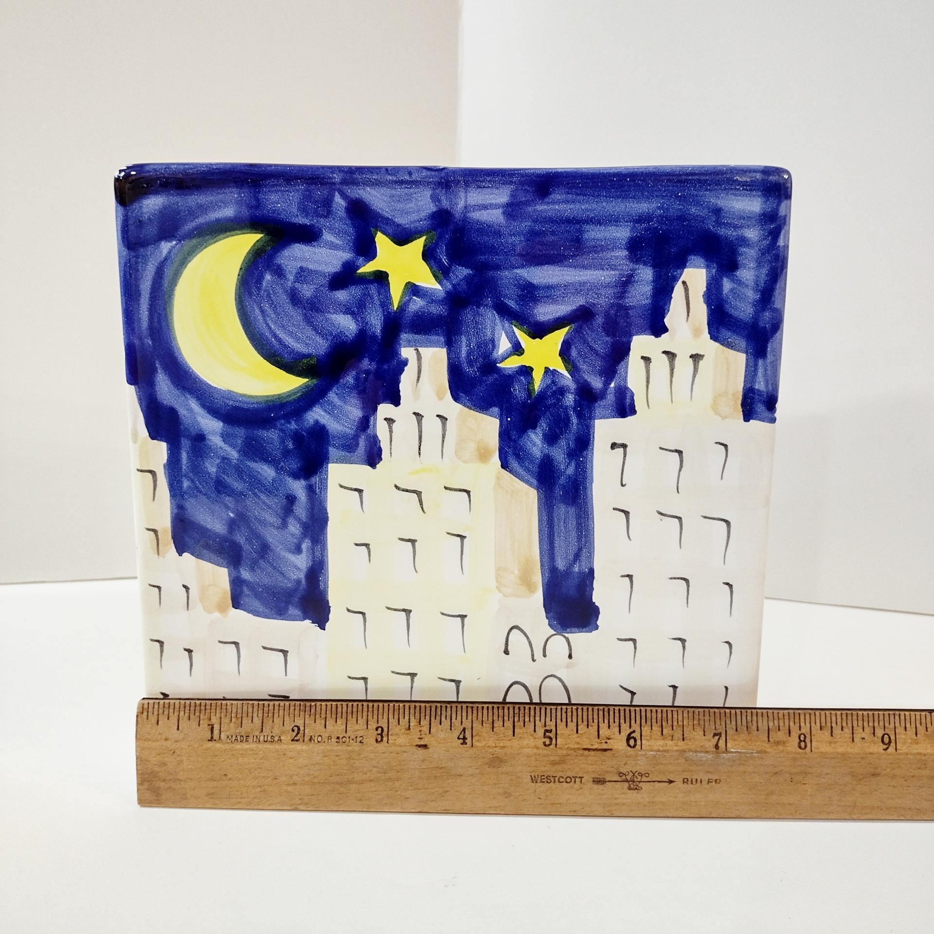 Vintage Ceramic Narrow Rectangular Planter Pot, Sun Moon Stars City Scape Flower Vase, Italian Pottery Windowsill Planter