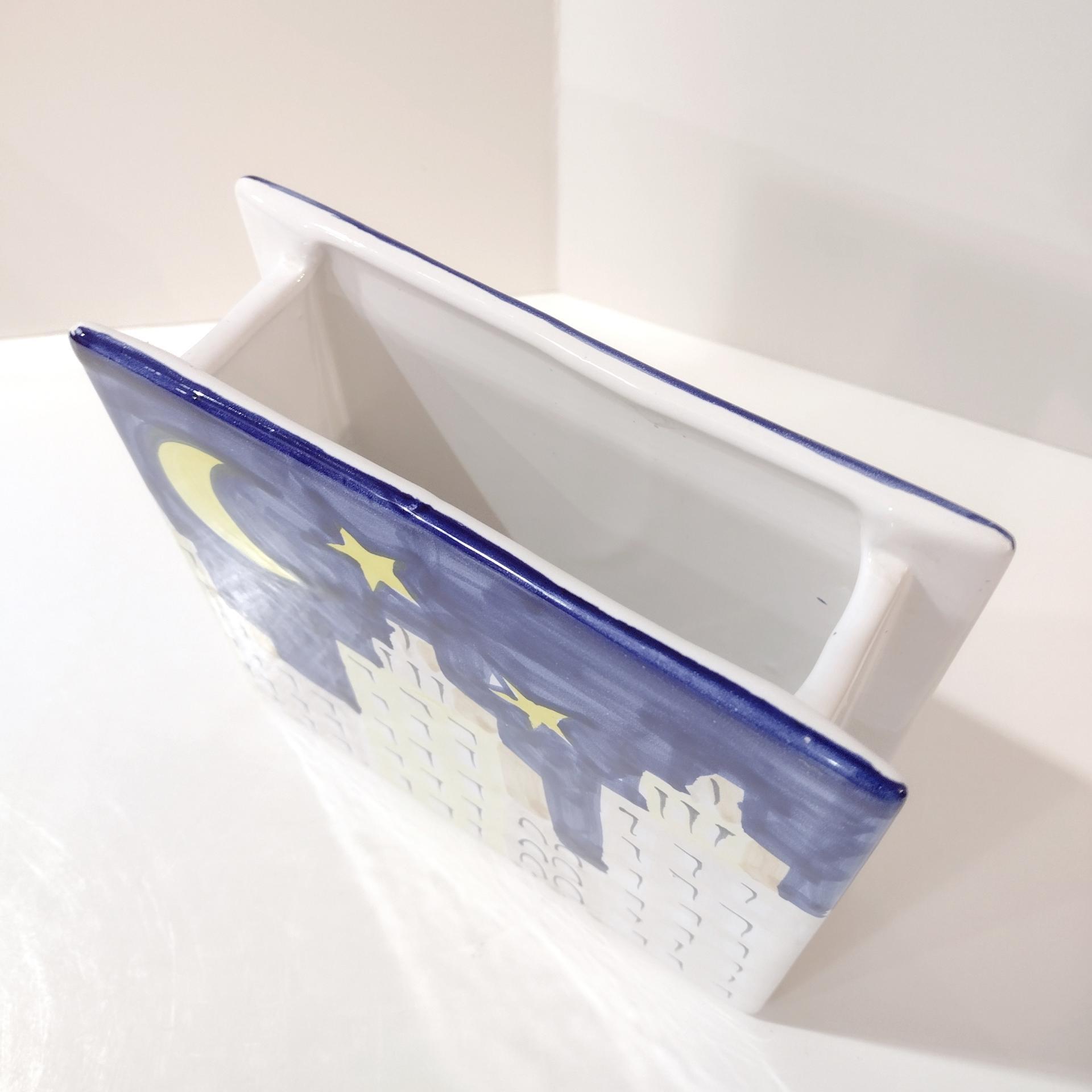 Vintage Ceramic Narrow Rectangular Planter Pot, Sun Moon Stars City Scape Flower Vase, Italian Pottery Windowsill Planter