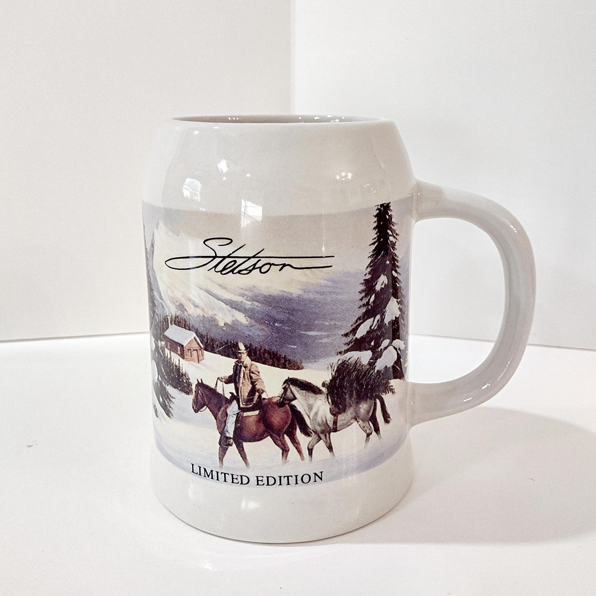 Vintage Stetson Limited Edition Ceramic Beer Mug Stein, Winter Cowboy Horses Scene