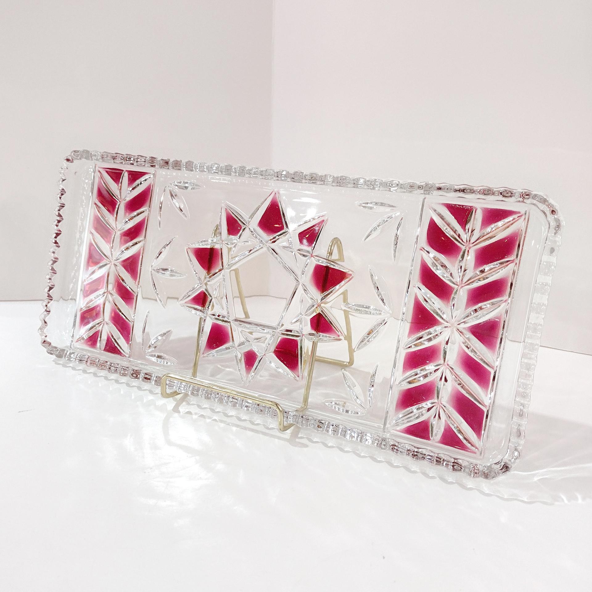 Vintage Cut Glass Serving Tray / Stollen Plate with Red Star Design, Charcuterie Appetizer Serving Tray