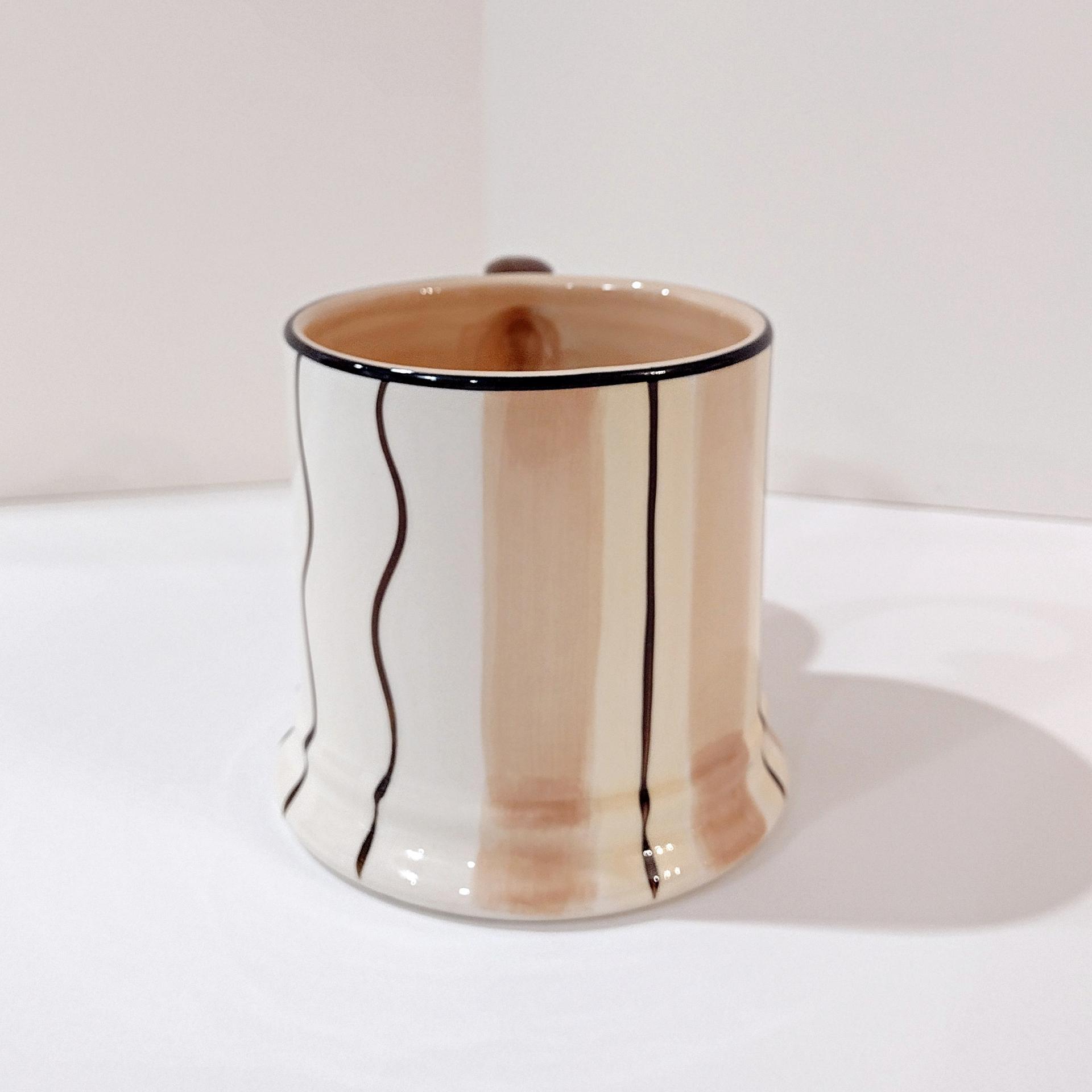 Vintage Hand Painted Striped Ceramic Coffee Mug,  Herman Dodge and Son Brown and White Striped Mug