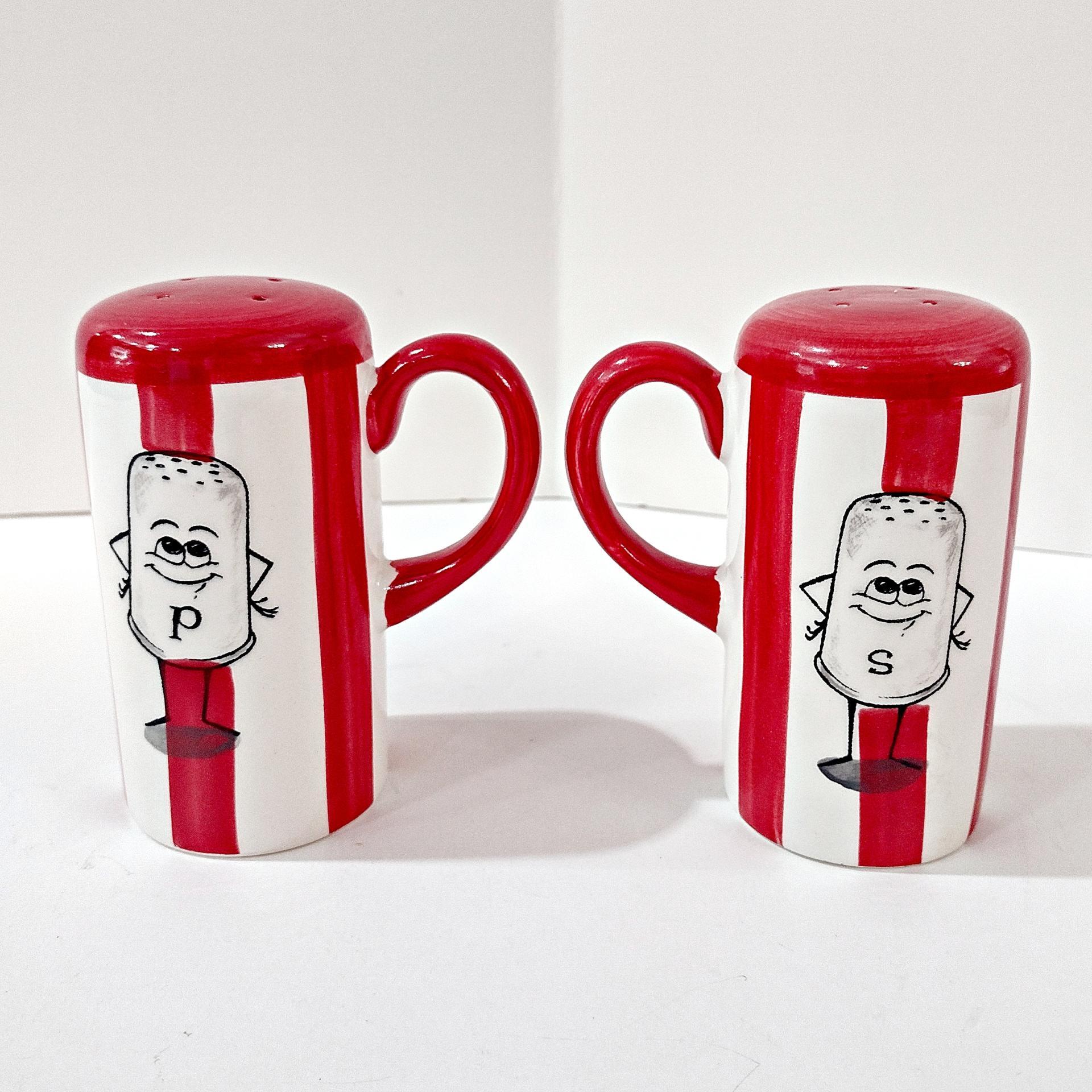 Vintage Red and White Striped Movie Popcorn Box Salt and Pepper Shaker Set with Anthropomorphic Characters, Large Handled Kitchen Shakers