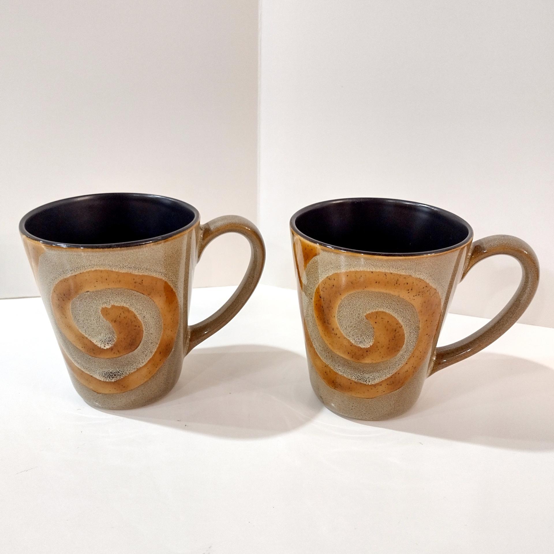 Vintage Brown and Tan Swirled Ceramic Coffee Tea Mugs, Set of Two, Oversized Stoneware Mugs