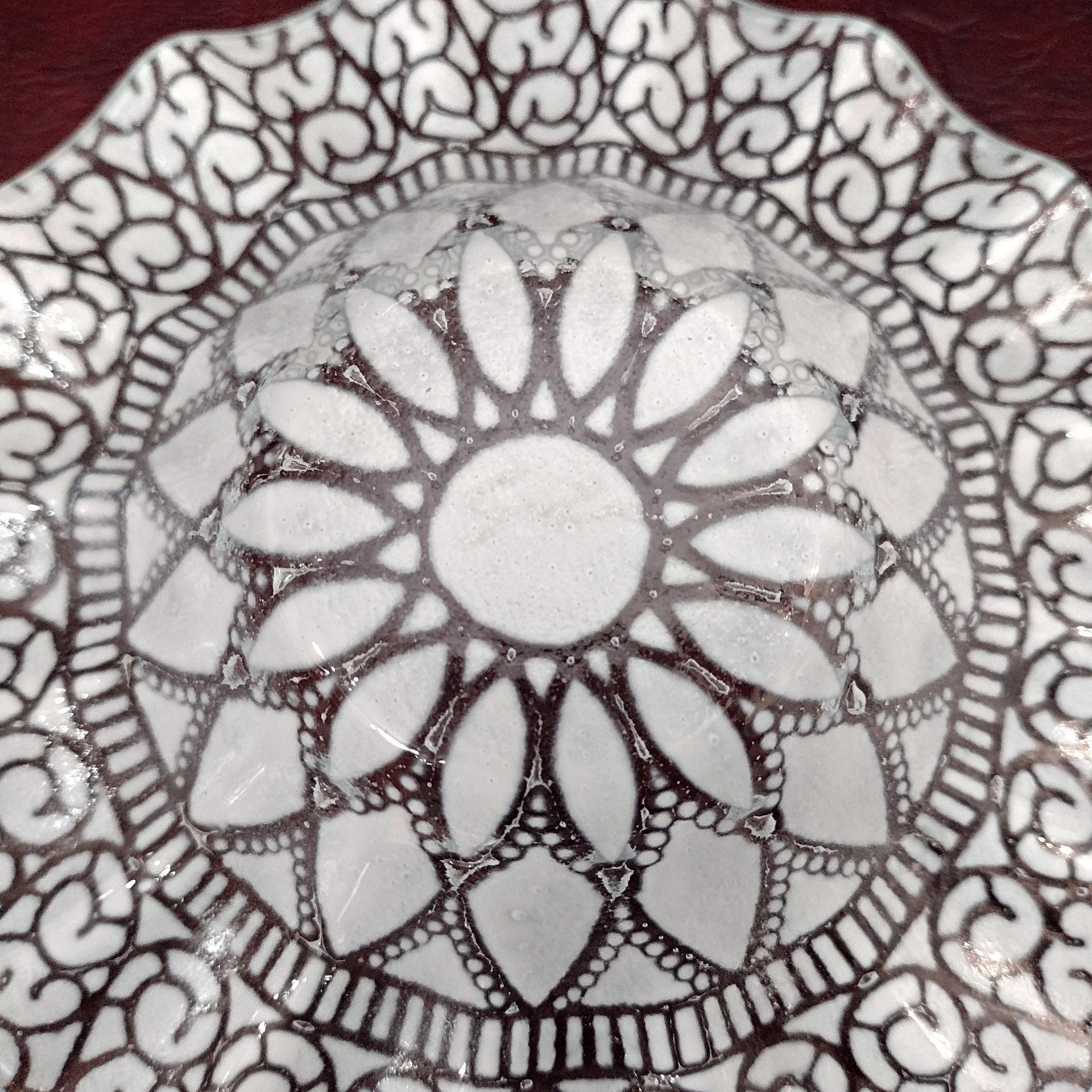 Vintage Sydenstricker Fused Glass Ruffled White and Clear Floral Bowl, Trinket Jewelry Dish