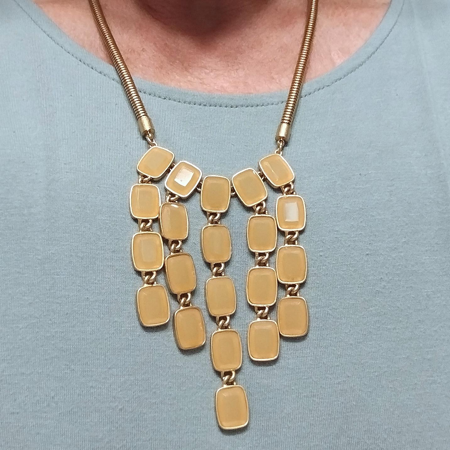 Vintage Talbots Tan Yellow Acrylic Cascade Statement Bib Necklace with Gold Tone Snake Chain, Adjustable Length 20" to 22"