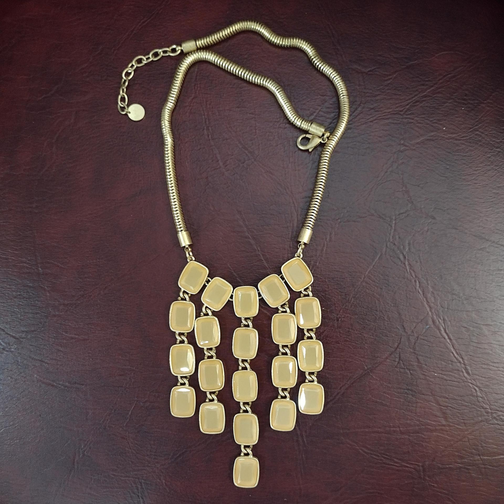 Vintage Talbots Tan Yellow Acrylic Cascade Statement Bib Necklace with Gold Tone Snake Chain, Adjustable Length 20" to 22"