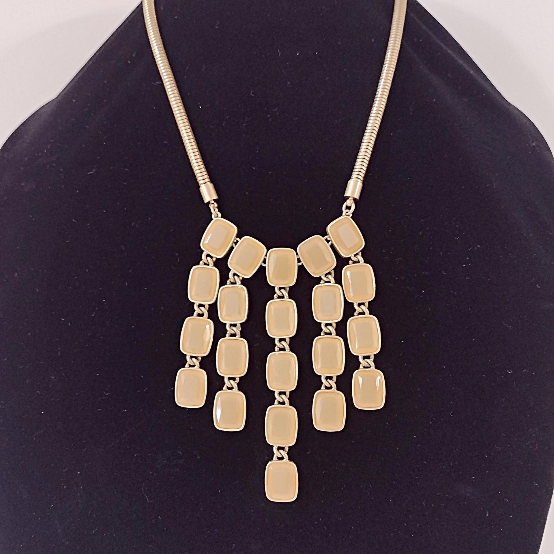 Vintage Talbots Tan Yellow Acrylic Cascade Statement Bib Necklace with Gold Tone Snake Chain, Adjustable Length 20" to 22"