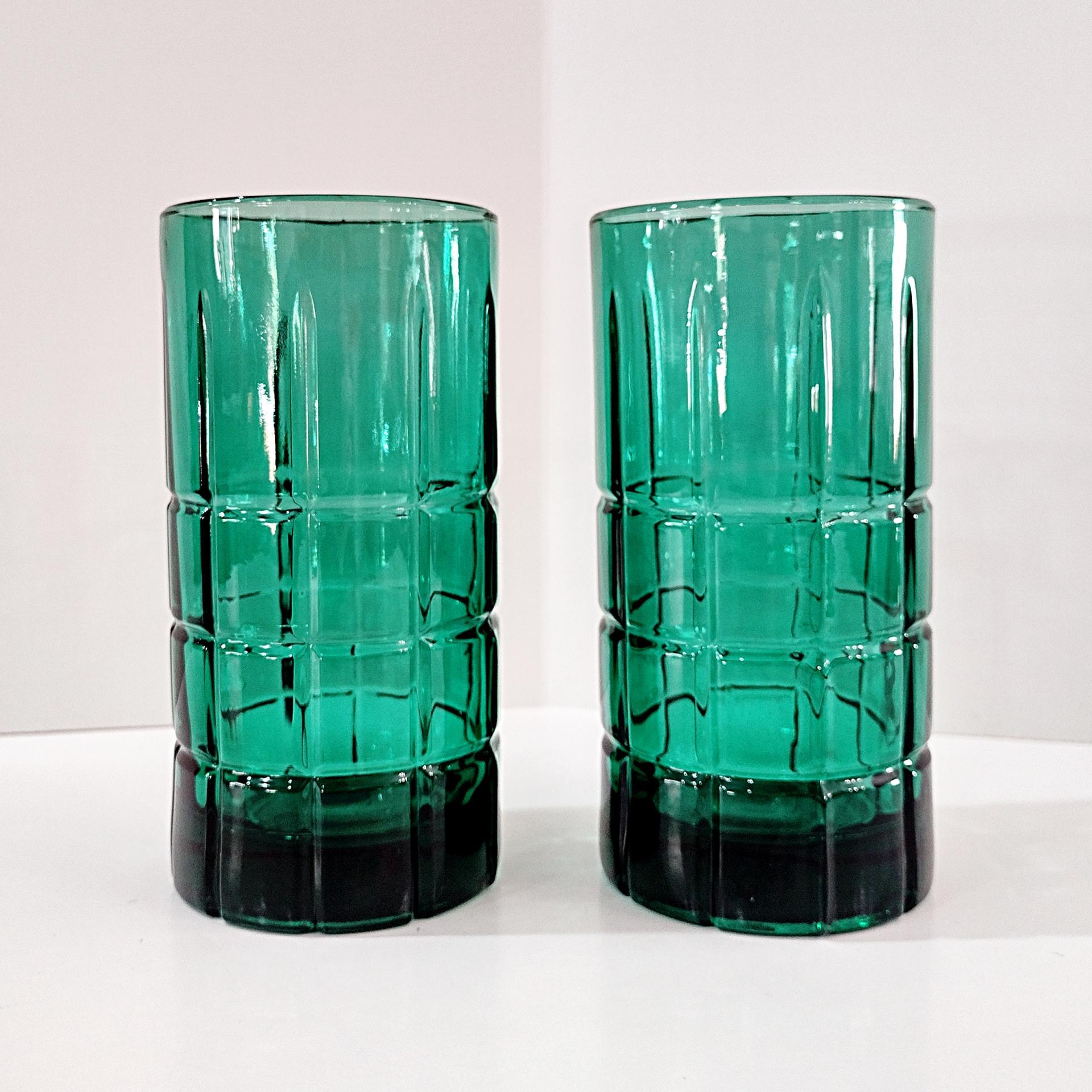 Vintage Anchor Hocking Dark Green Tartan Flat Iced Tea Glasses Tumblers, Set of Two