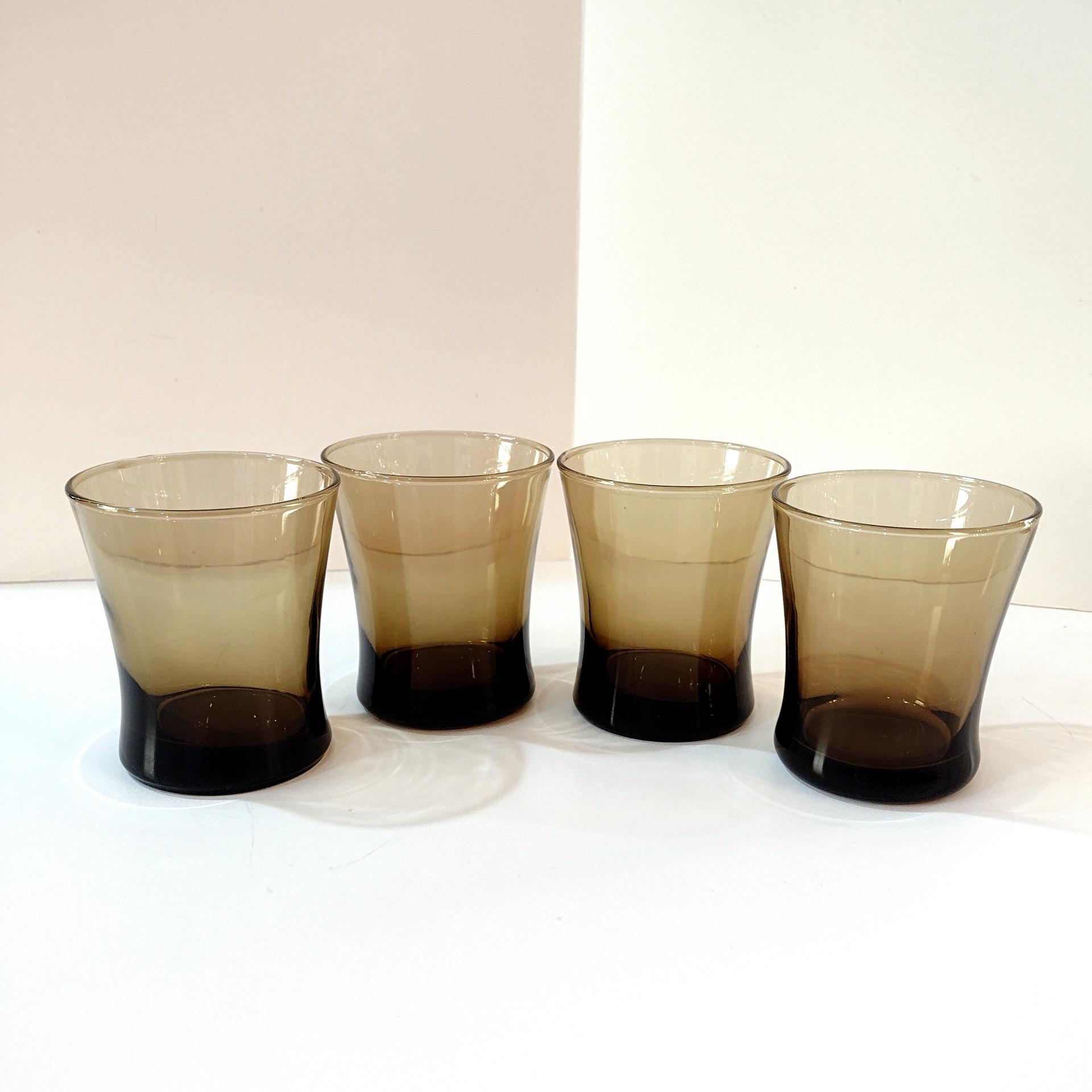 Anchor Hocking Linden Mocha Smoky Brown Short Flat Tumblers, Set of Four, Vintage Rocks Whiskey Glasses