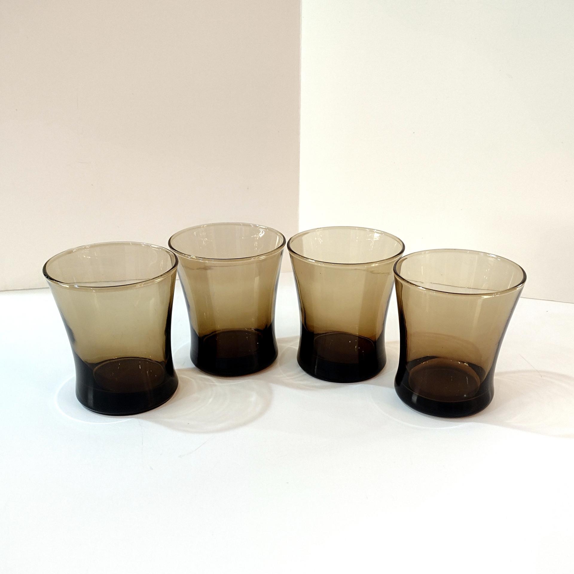 Anchor Hocking Linden Mocha Smoky Brown Short Flat Tumblers, Set of Four, Vintage Rocks Whiskey Glasses