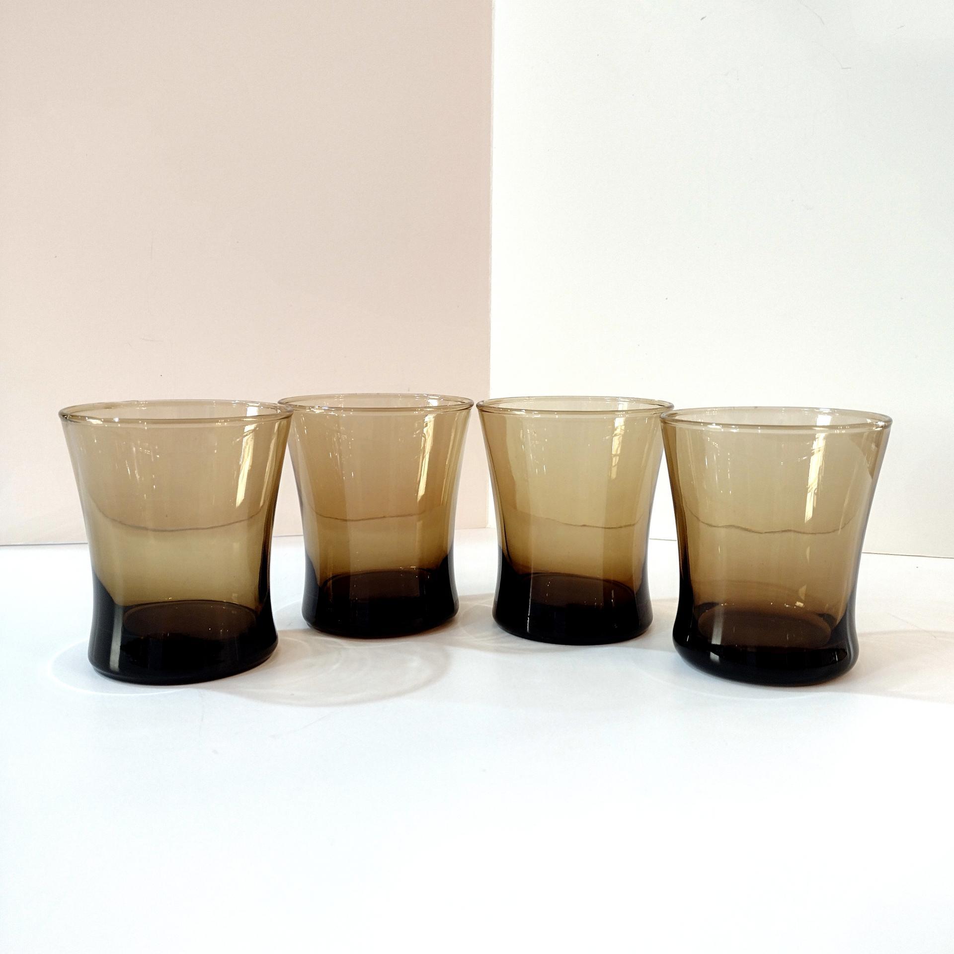 Anchor Hocking Linden Mocha Smoky Brown Short Flat Tumblers, Set of Four, Vintage Rocks Whiskey Glasses
