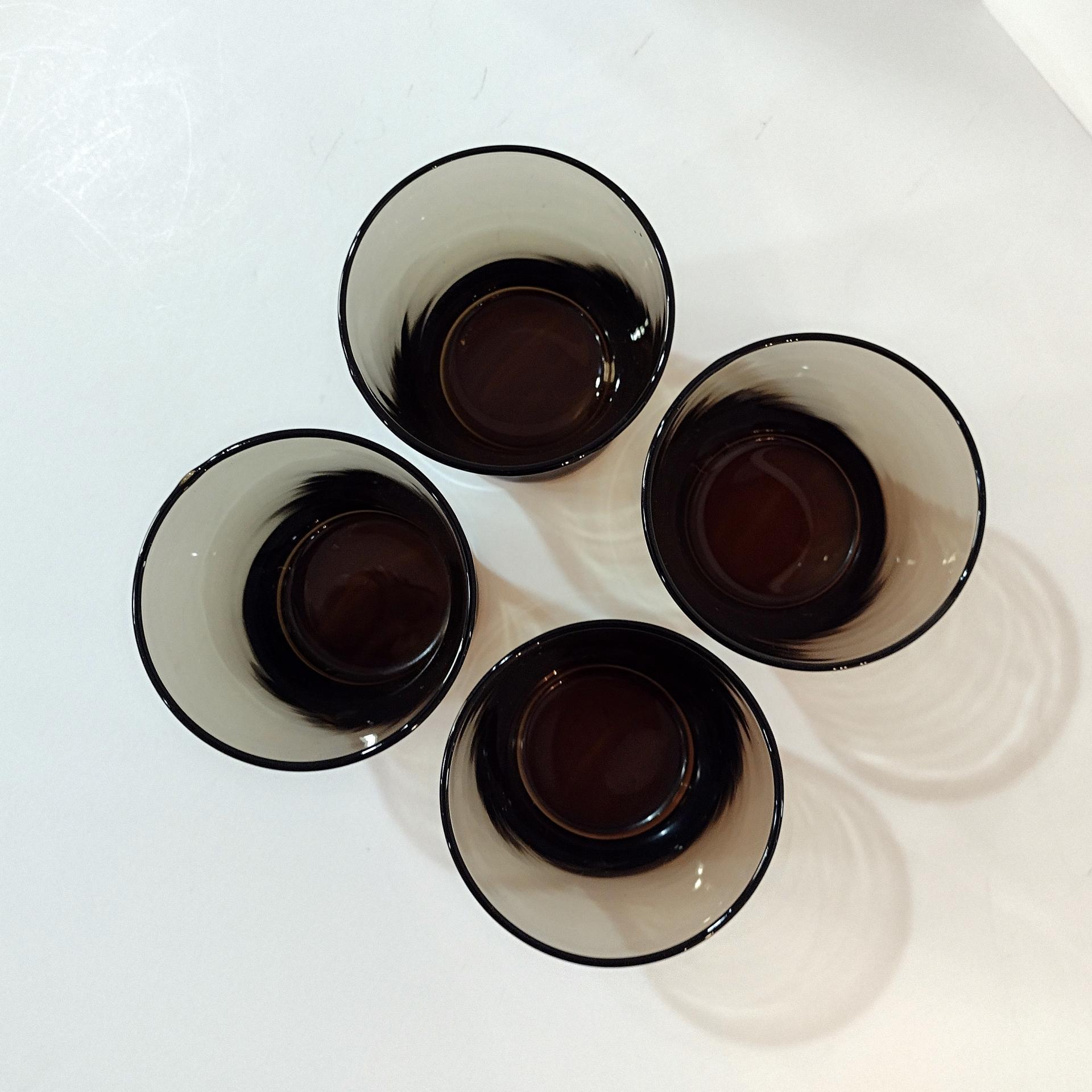 Anchor Hocking Linden Mocha Smoky Brown Short Flat Tumblers, Set of Four, Vintage Rocks Whiskey Glasses
