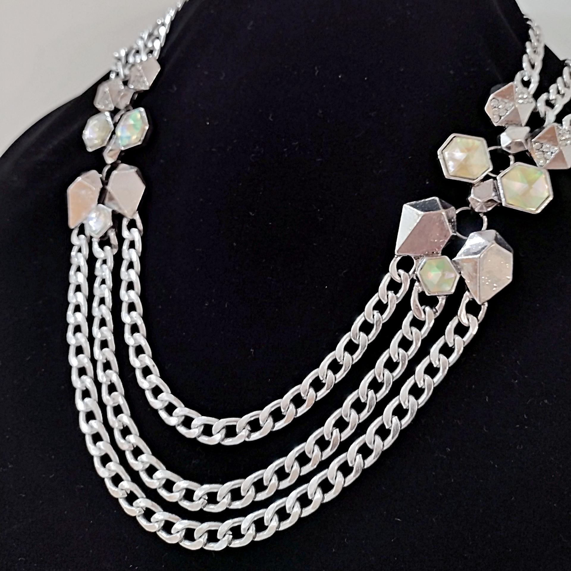 Vintage Silver Toned Triple Chain Statement Necklace with Rhinestones and Dichroic Cabochons, Adjustable Length 21" to 23"