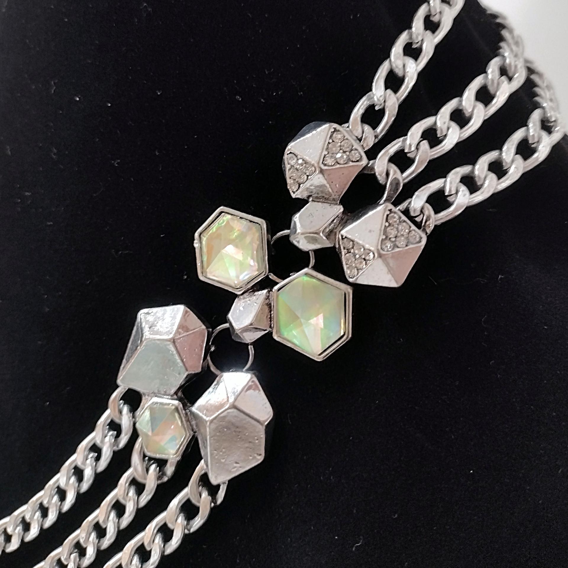 Vintage Silver Toned Triple Chain Statement Necklace with Rhinestones and Dichroic Cabochons, Adjustable Length 21" to 23"