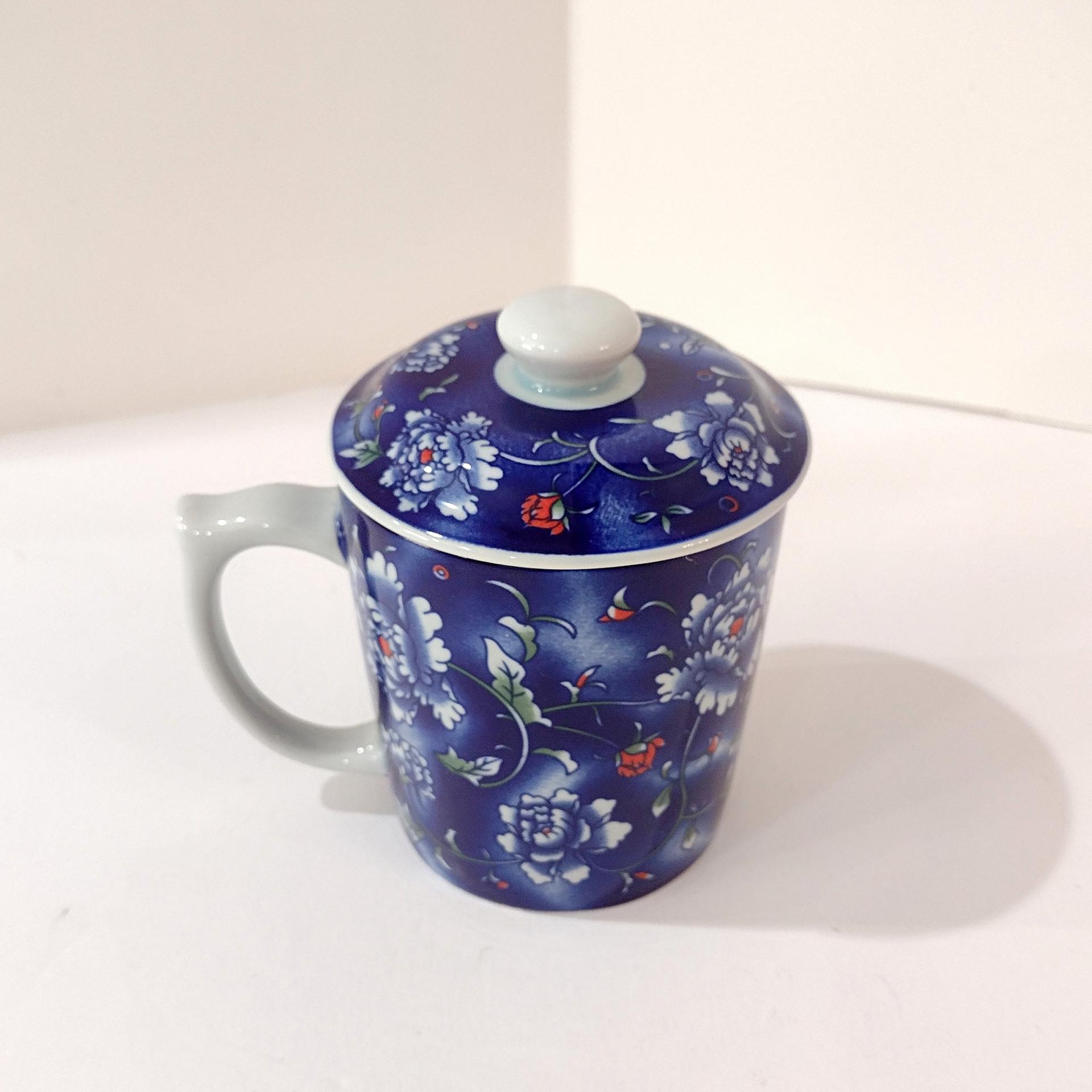Vintage Ceramic Tea Cup with Lid and Tea Infuser, Hand Painted Blue Floral Chinese Tea Cup