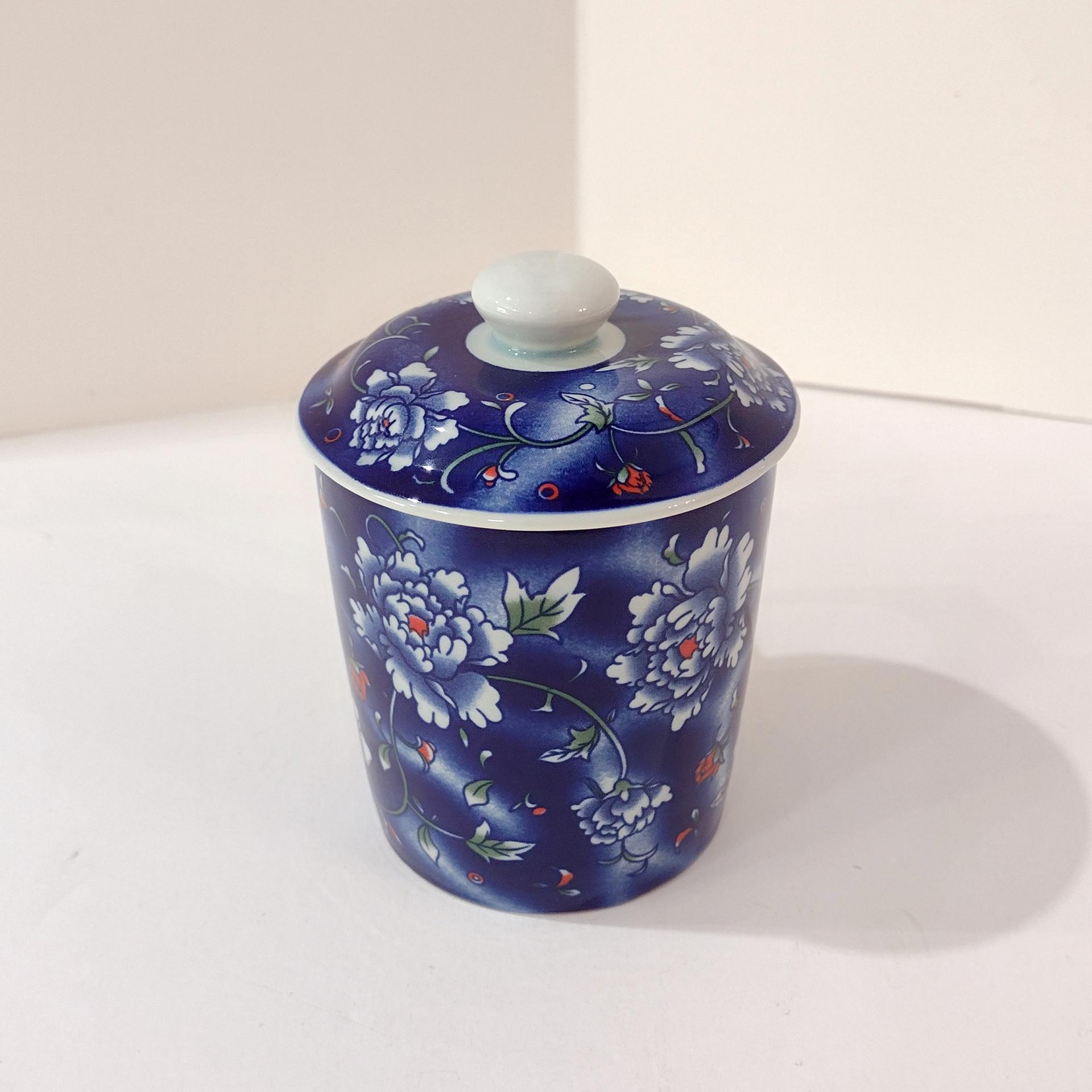 Vintage Ceramic Tea Cup with Lid and Tea Infuser, Hand Painted Blue Floral Chinese Tea Cup