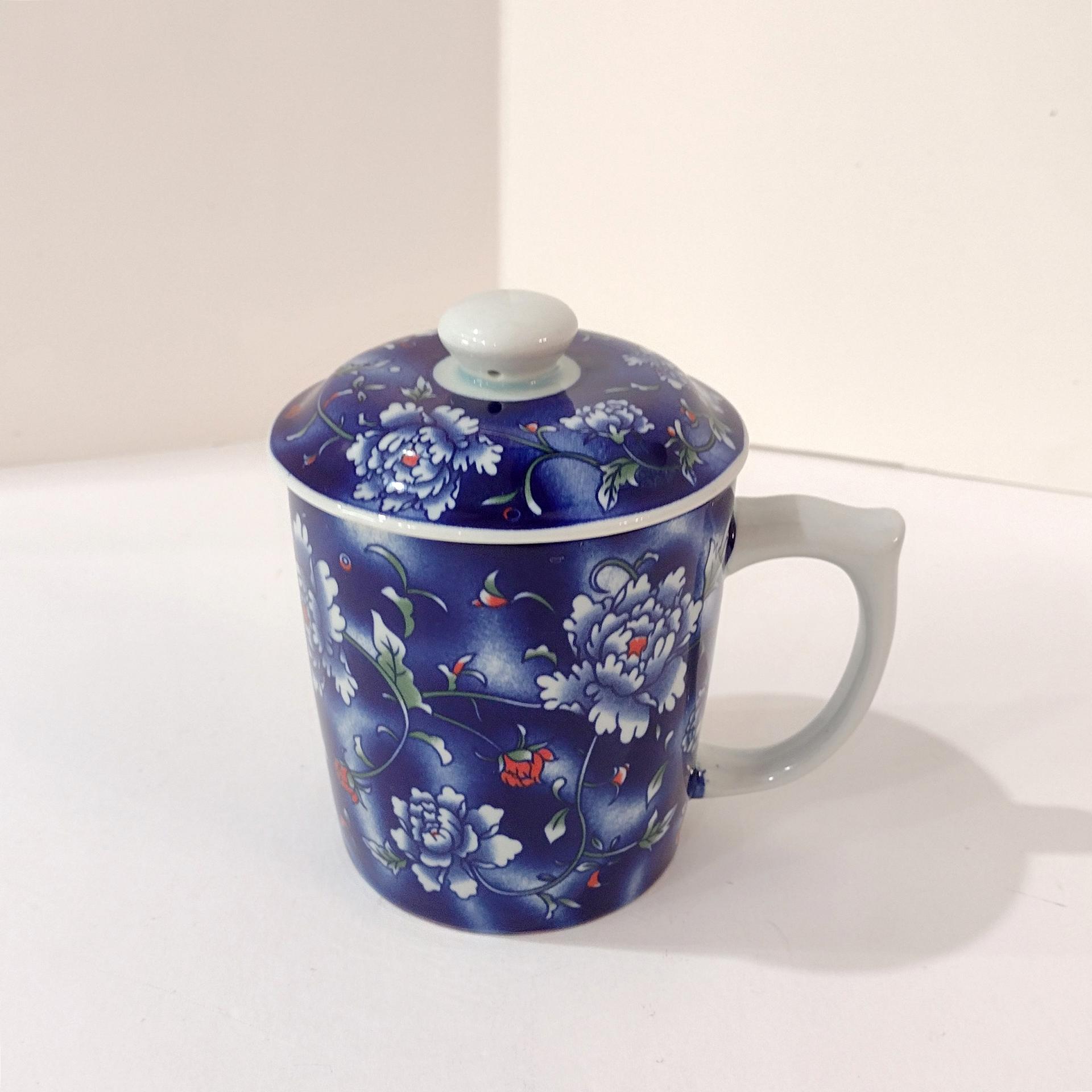 Vintage Ceramic Tea Cup with Lid and Tea Infuser, Hand Painted Blue Floral Chinese Tea Cup