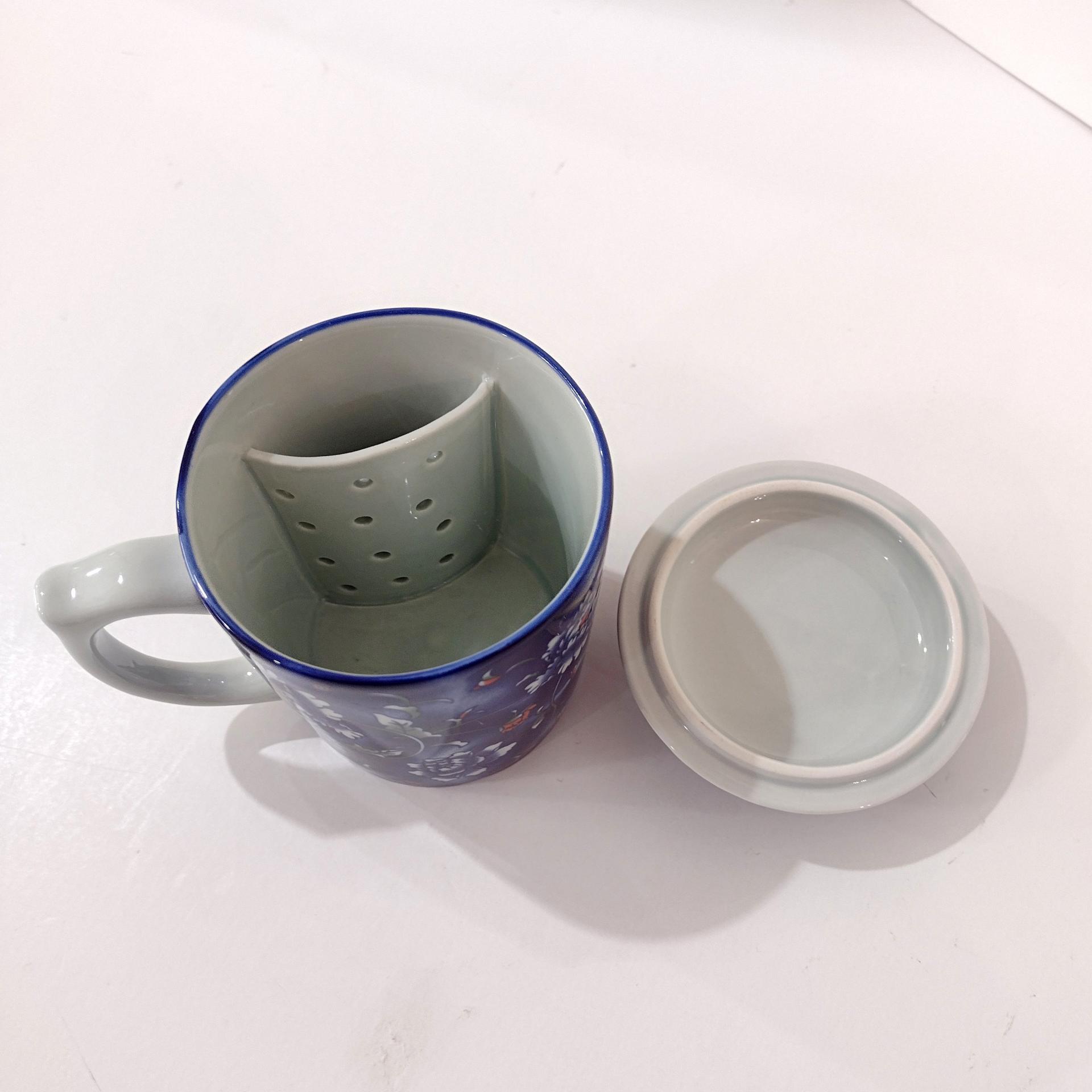 Vintage Ceramic Tea Cup with Lid and Tea Infuser, Hand Painted Blue Floral Chinese Tea Cup