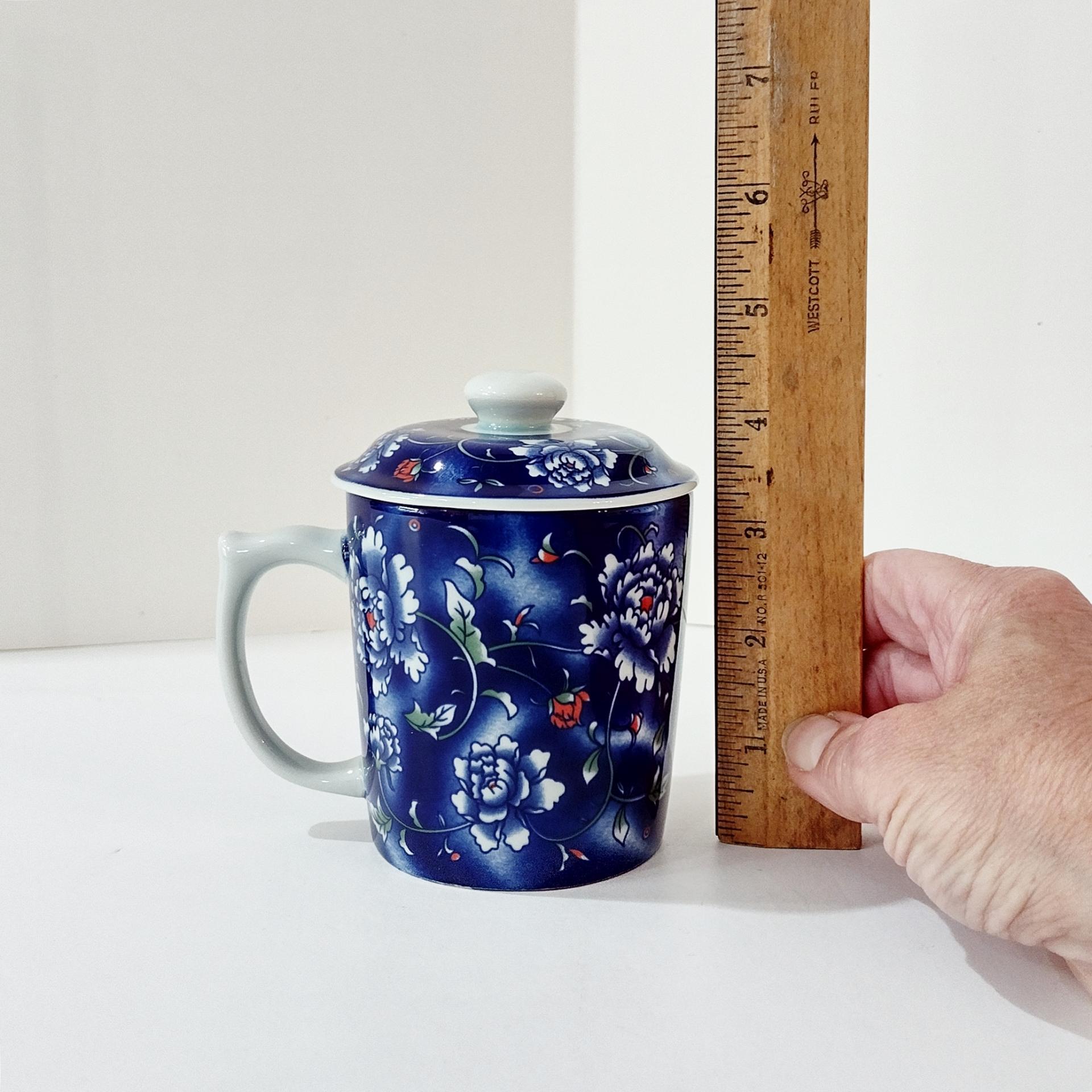 Vintage Ceramic Tea Cup with Lid and Tea Infuser, Hand Painted Blue Floral Chinese Tea Cup