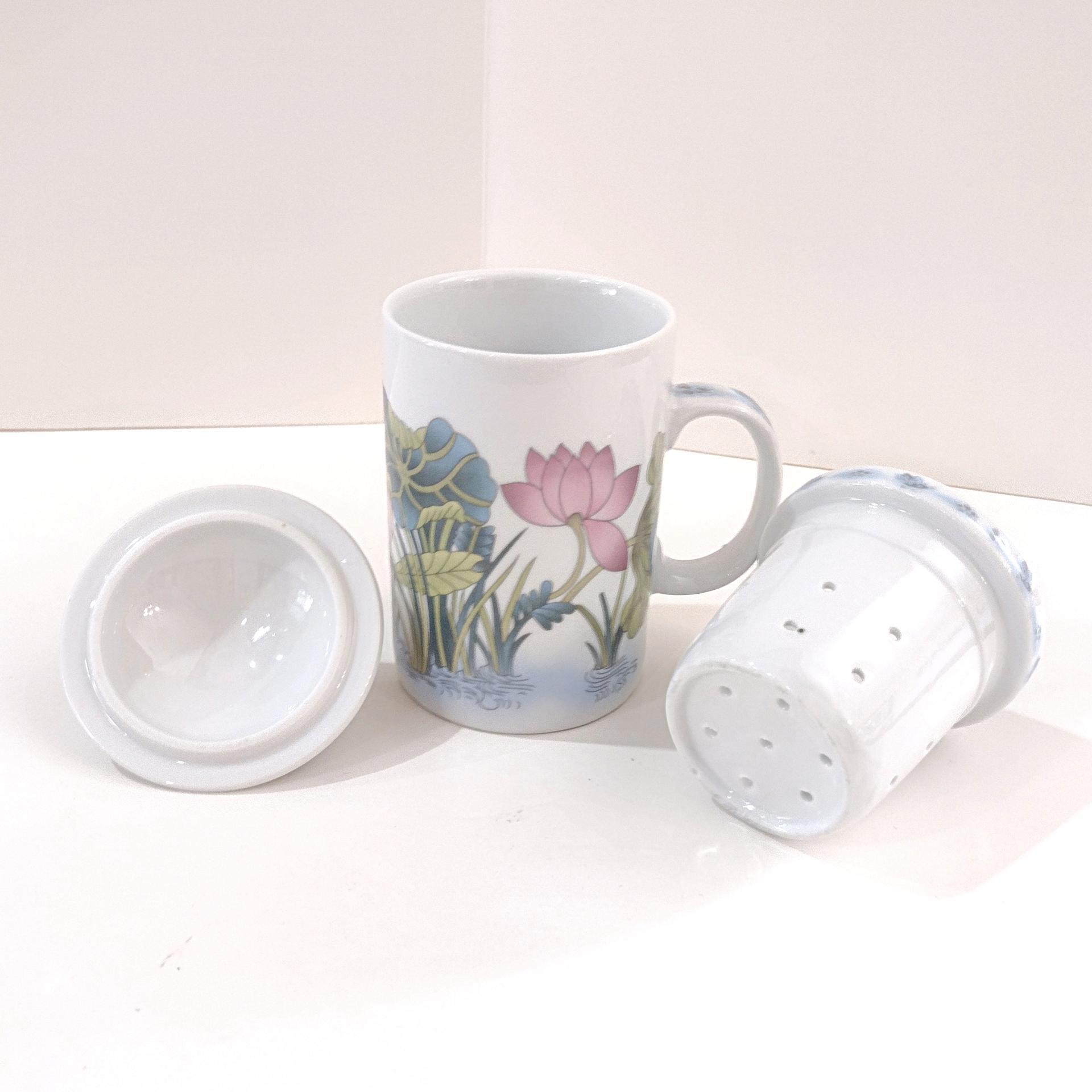 Floral Butterfly Tea Mug with Infuser Strainer and Lid, Covered Coffee Tea Cup