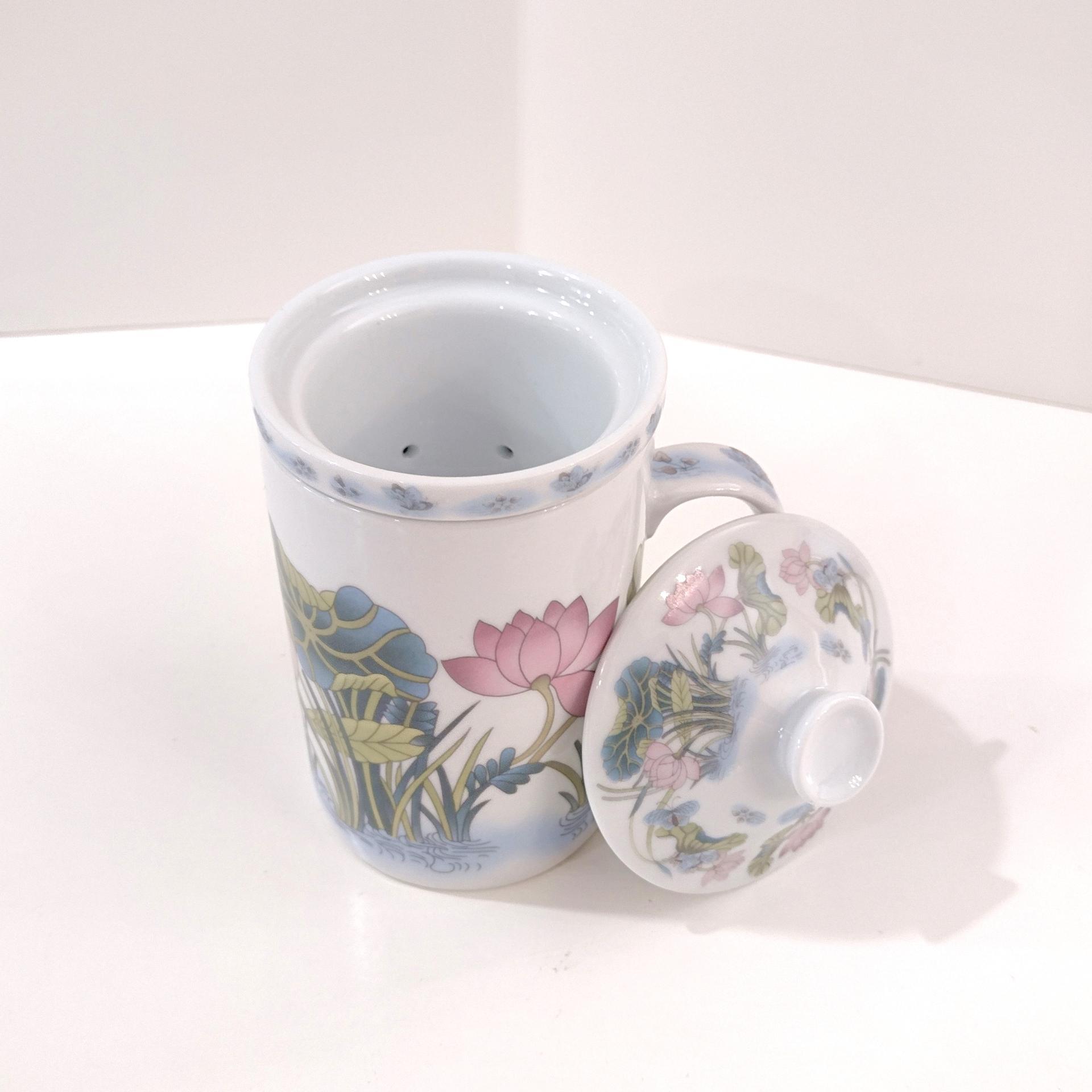 Floral Butterfly Tea Mug with Infuser Strainer and Lid, Covered Coffee Tea Cup