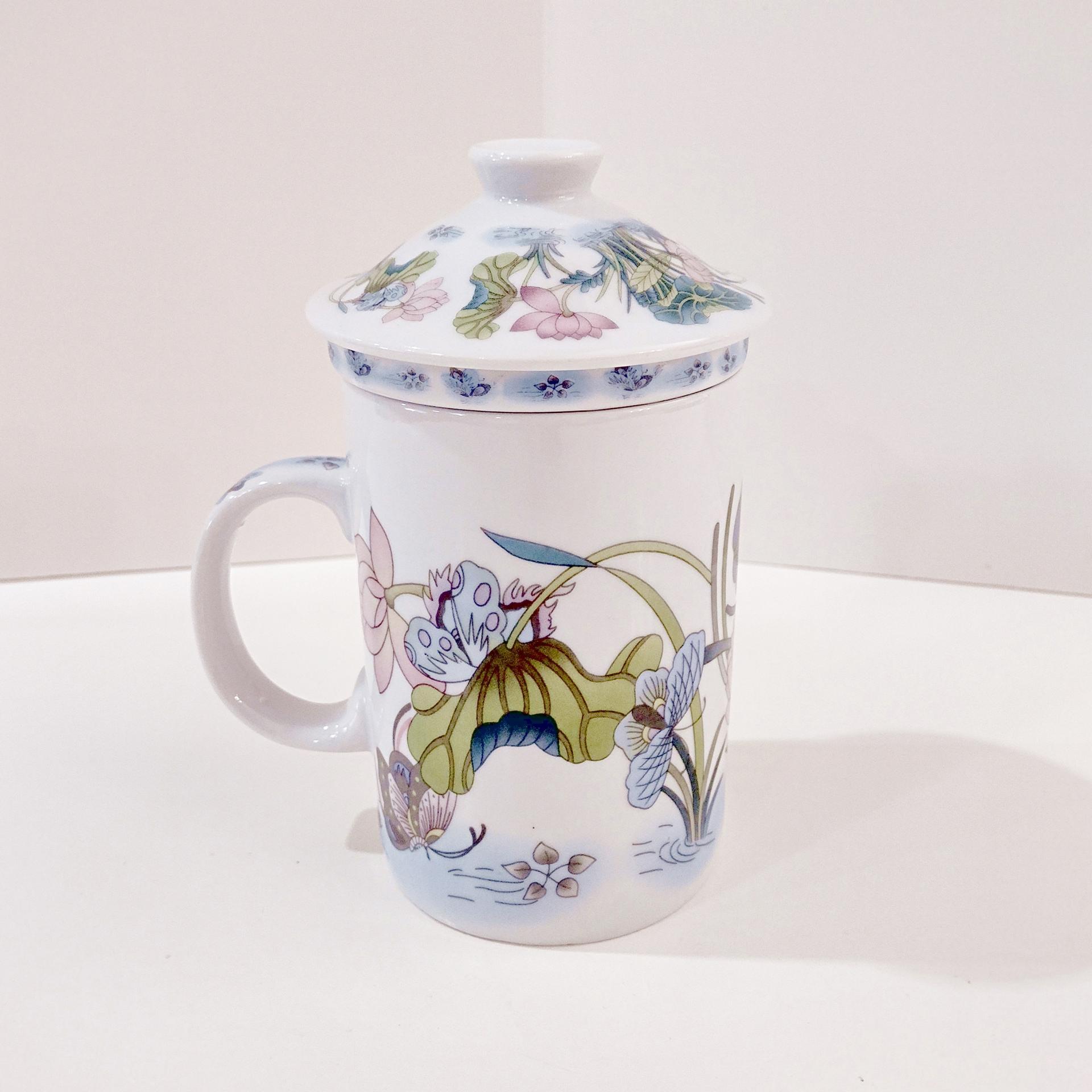 Floral Butterfly Tea Mug with Infuser Strainer and Lid, Covered Coffee Tea Cup