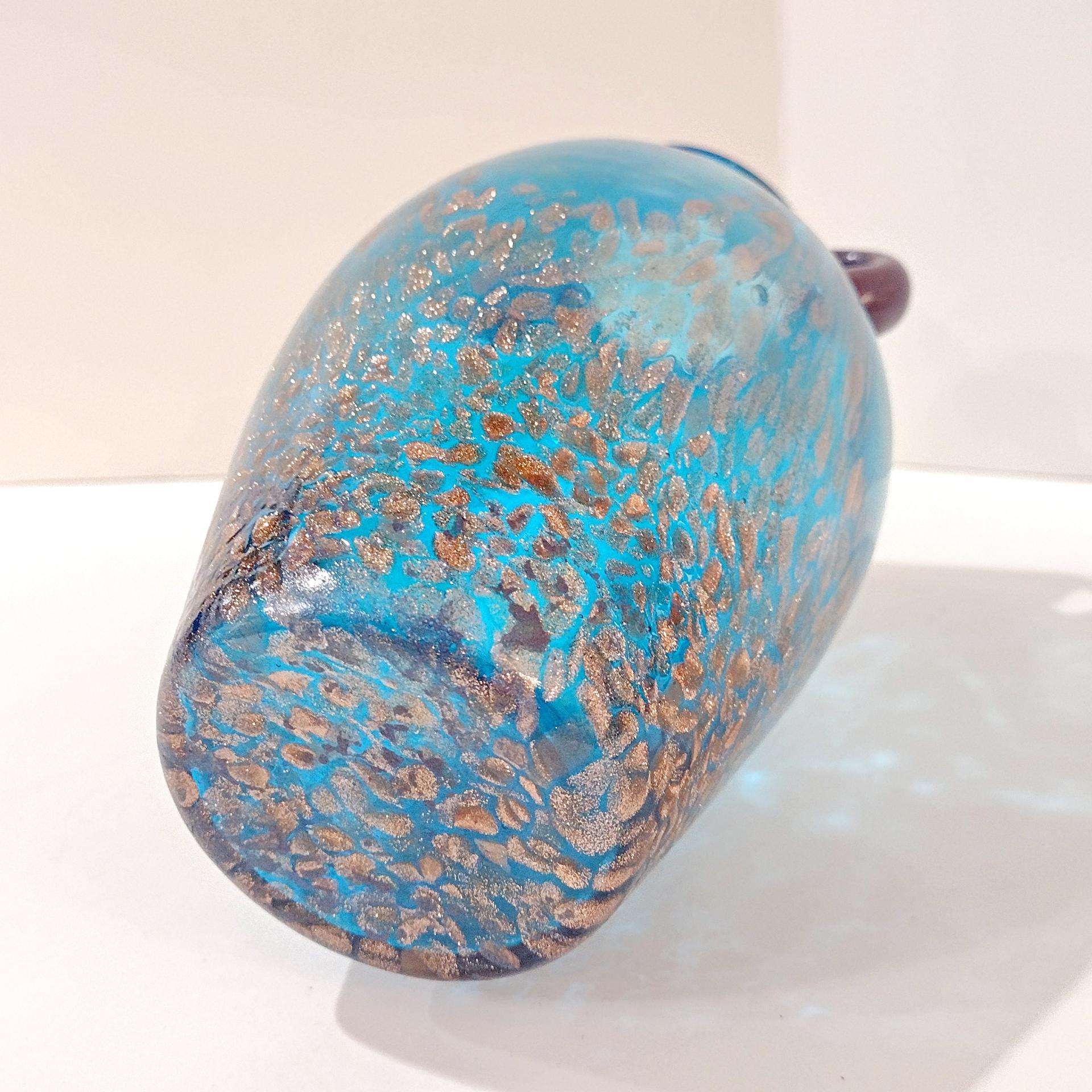Vintage Dale Tiffany Peacock Blue Favrile Glass Amphora Vase with Copper Flecks and Amethyst Handles