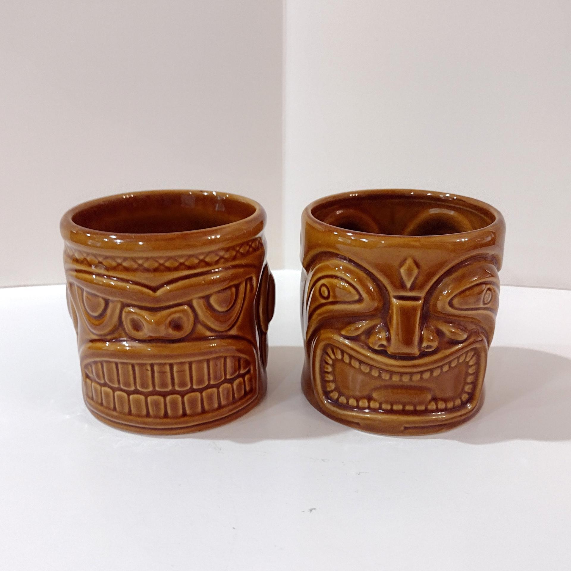 Vintage Ceramic Tiki Mugs, Set of Two, 2002 Accoutrements Double Sided Two Face Tiki Cups, Tropical Barware, Tiki Man Pot Planter