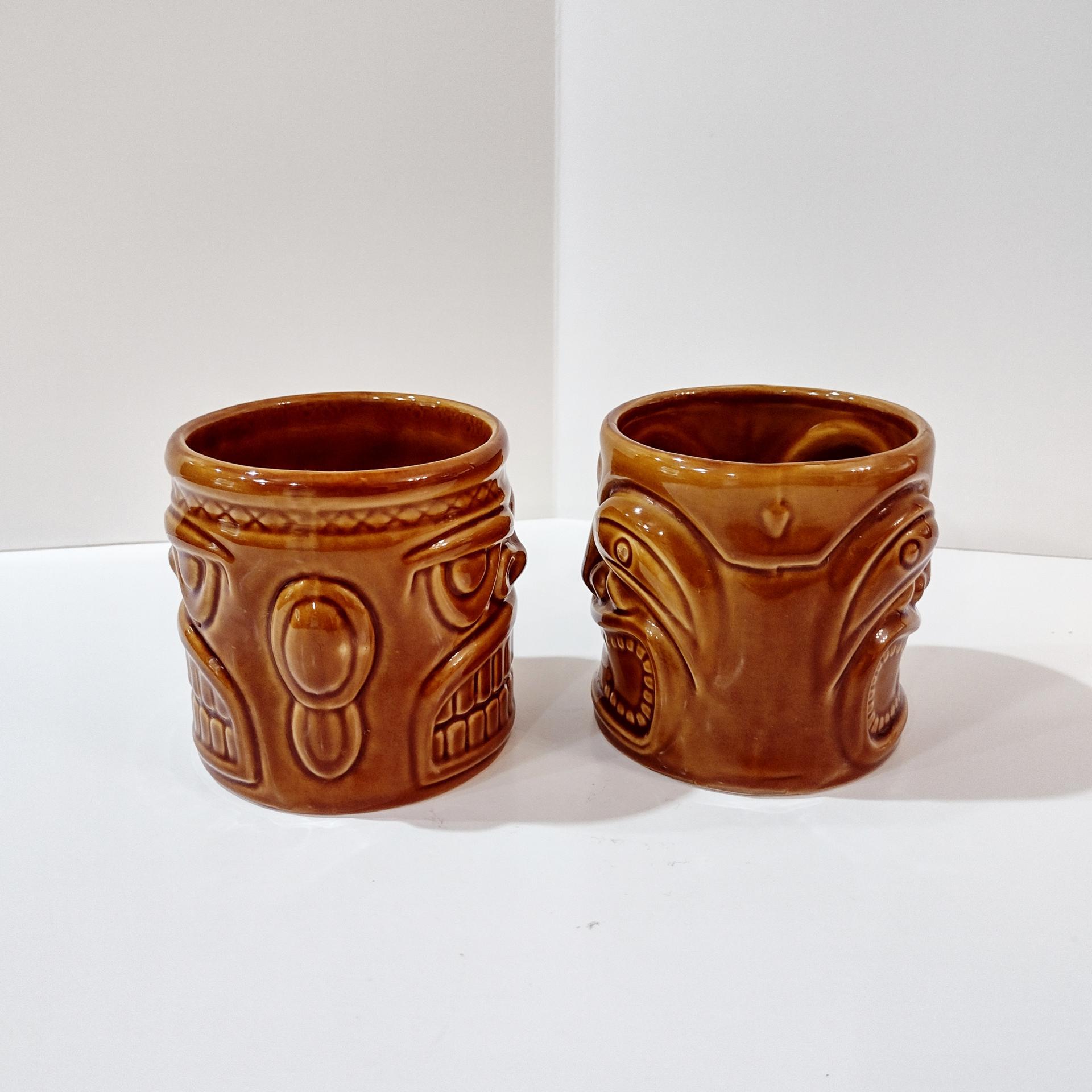 Vintage Ceramic Tiki Mugs, Set of Two, 2002 Accoutrements Double Sided Two Face Tiki Cups, Tropical Barware, Tiki Man Pot Planter