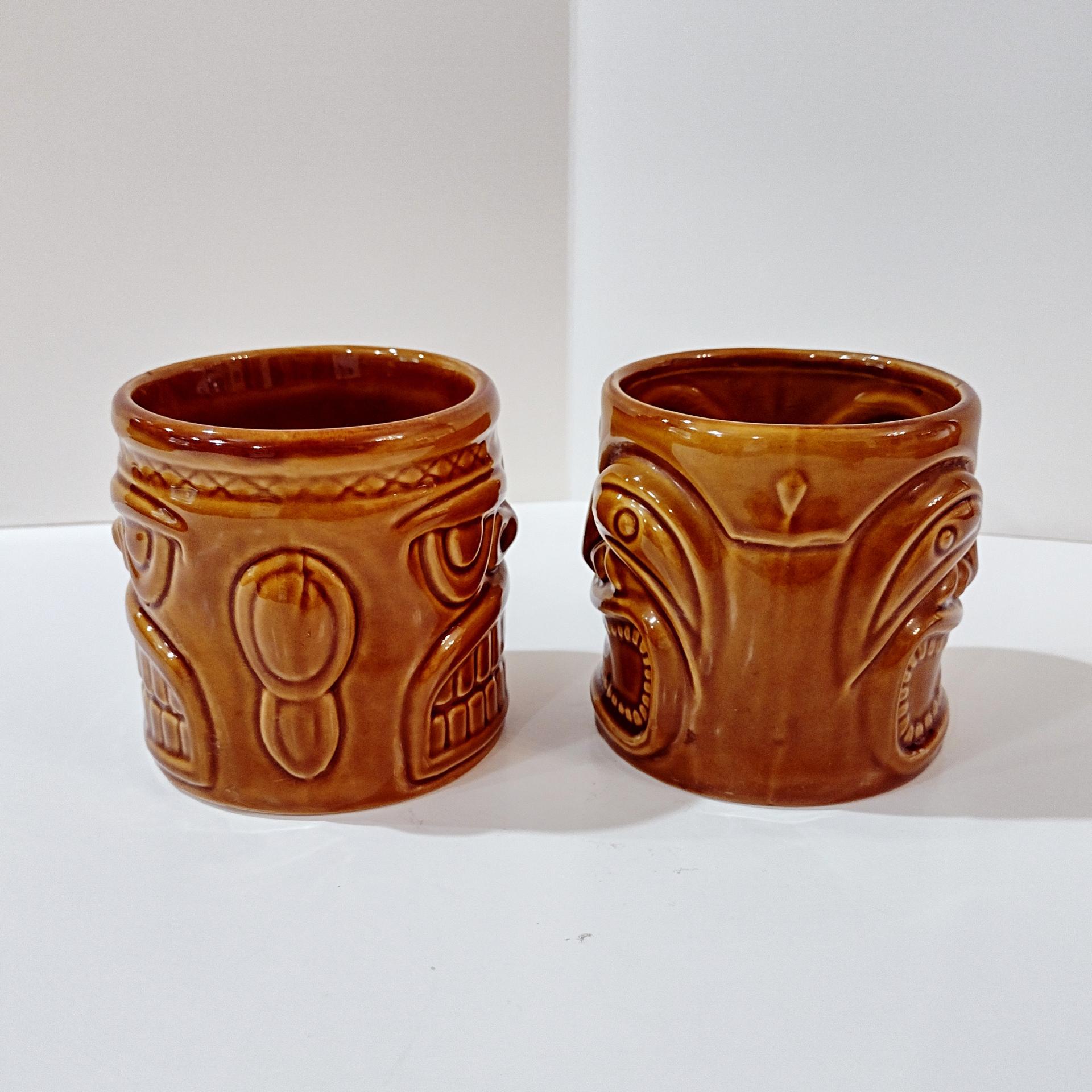 Vintage Ceramic Tiki Mugs, Set of Two, 2002 Accoutrements Double Sided Two Face Tiki Cups, Tropical Barware, Tiki Man Pot Planter
