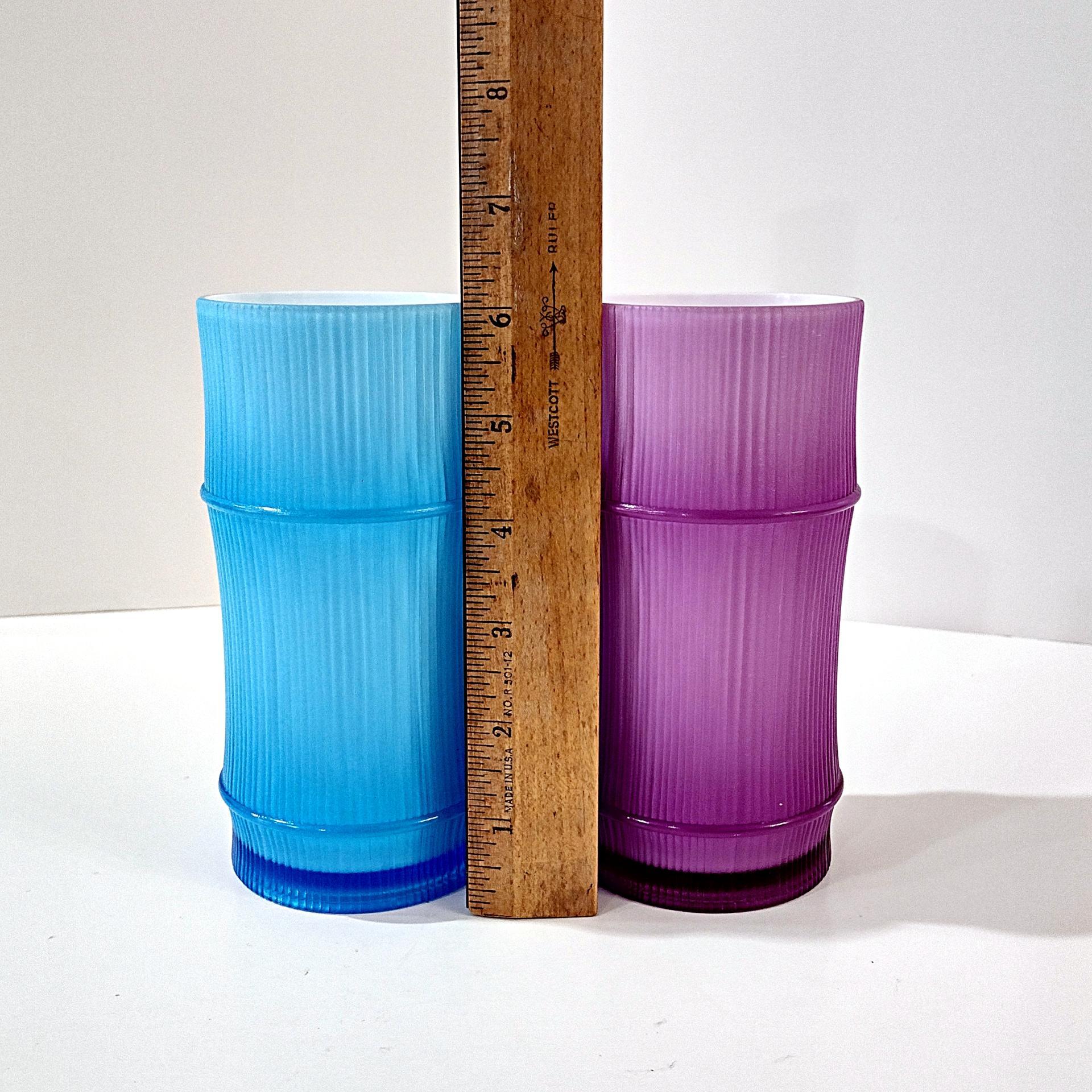 Vintage Bamboo Tiki Tumblers, Ribbed Plastic Blue and Purple Luau Drinkware, Set of Two
