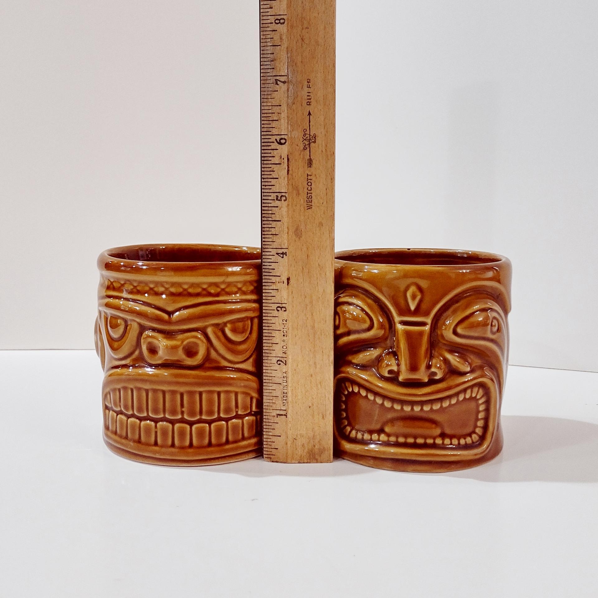 Vintage Ceramic Tiki Mugs, Set of Two, 2002 Accoutrements Double Sided Two Face Tiki Cups, Tropical Barware, Tiki Man Pot Planter