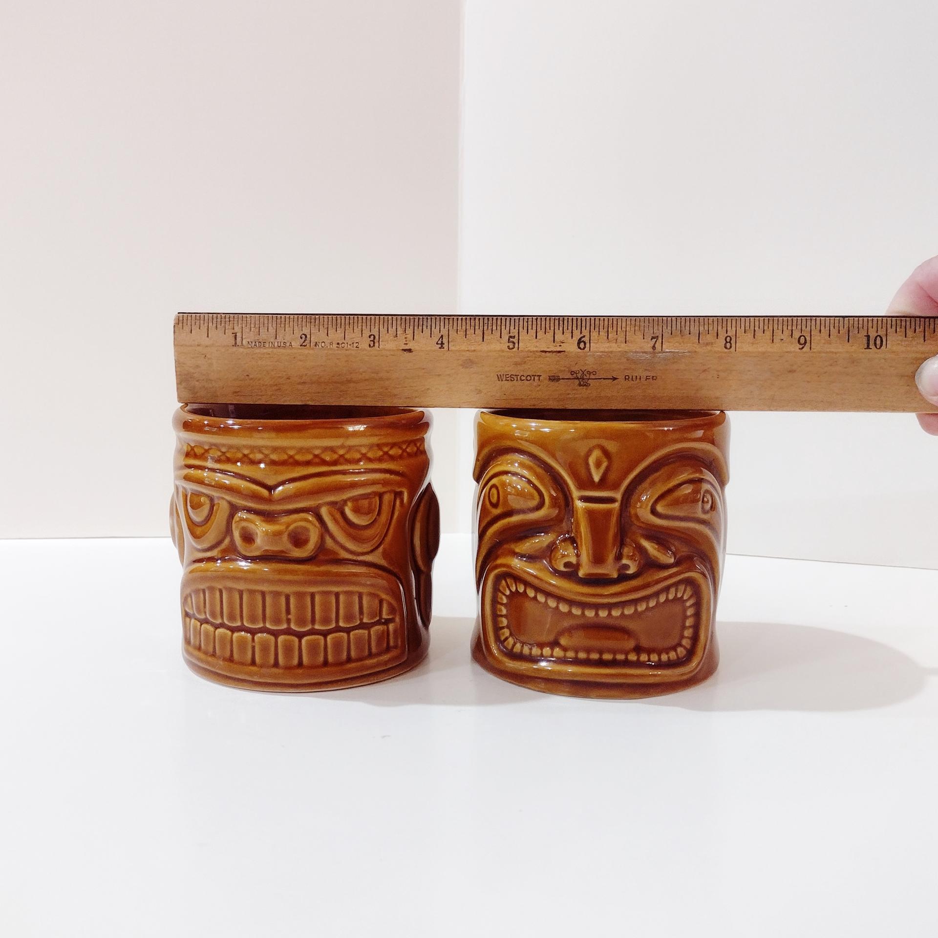 Vintage Ceramic Tiki Mugs, Set of Two, 2002 Accoutrements Double Sided Two Face Tiki Cups, Tropical Barware, Tiki Man Pot Planter