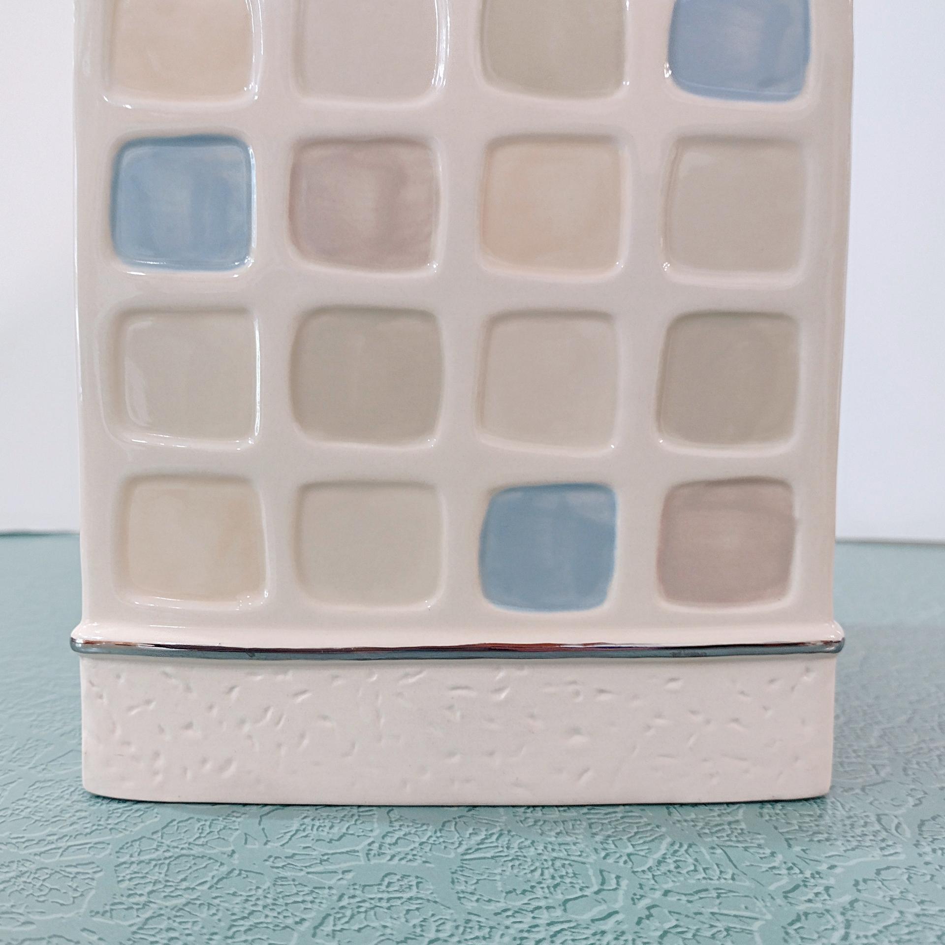 Vintage Ceramic Square Tissue Box Cover Holder with Blue Beige Tan Mosaic Geometric Design