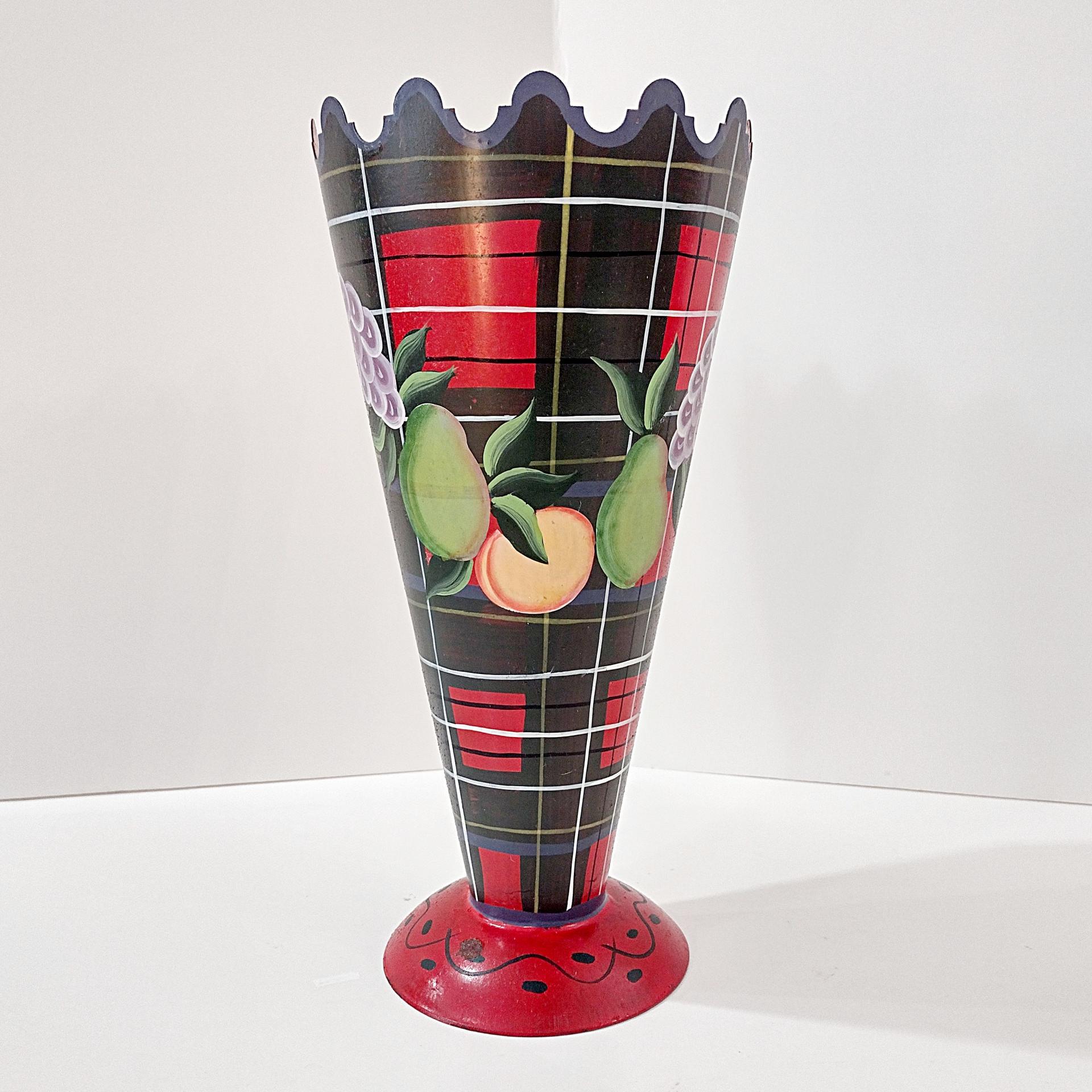 Vintage Jane Keltner Toleware Painted Metal Vase with Fruit and Plaid Design, Signed Keltner Two's Company Tole Cone Vase