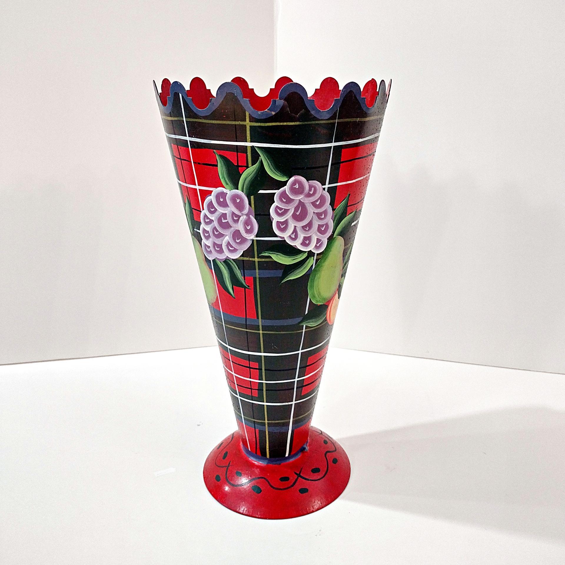 Vintage Jane Keltner Toleware Painted Metal Vase with Fruit and Plaid Design, Signed Keltner Two's Company Tole Cone Vase